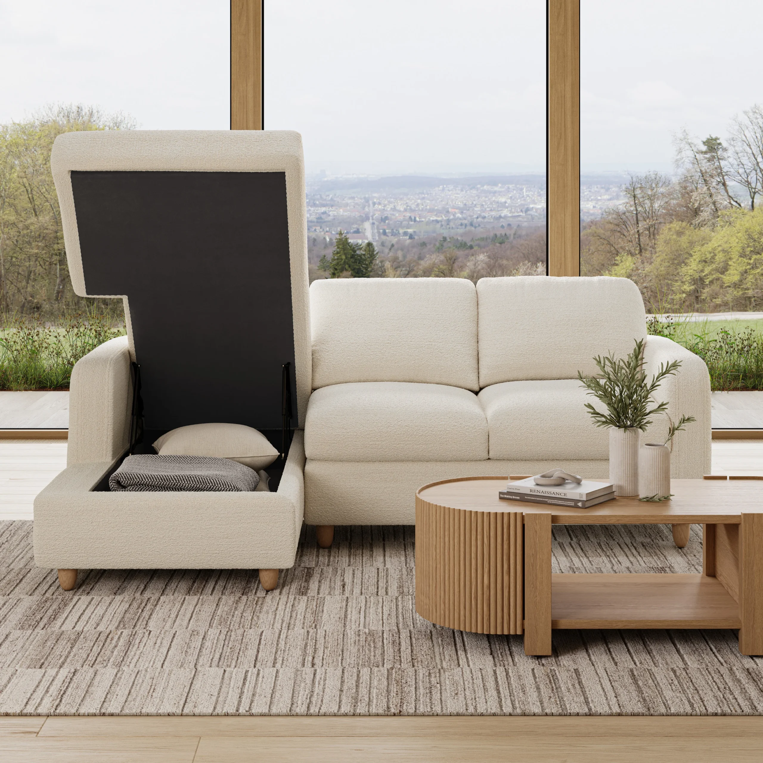 Vati 90.5_ Left Storage Sectional - Natural Oak and Ivory Wool Bouclé