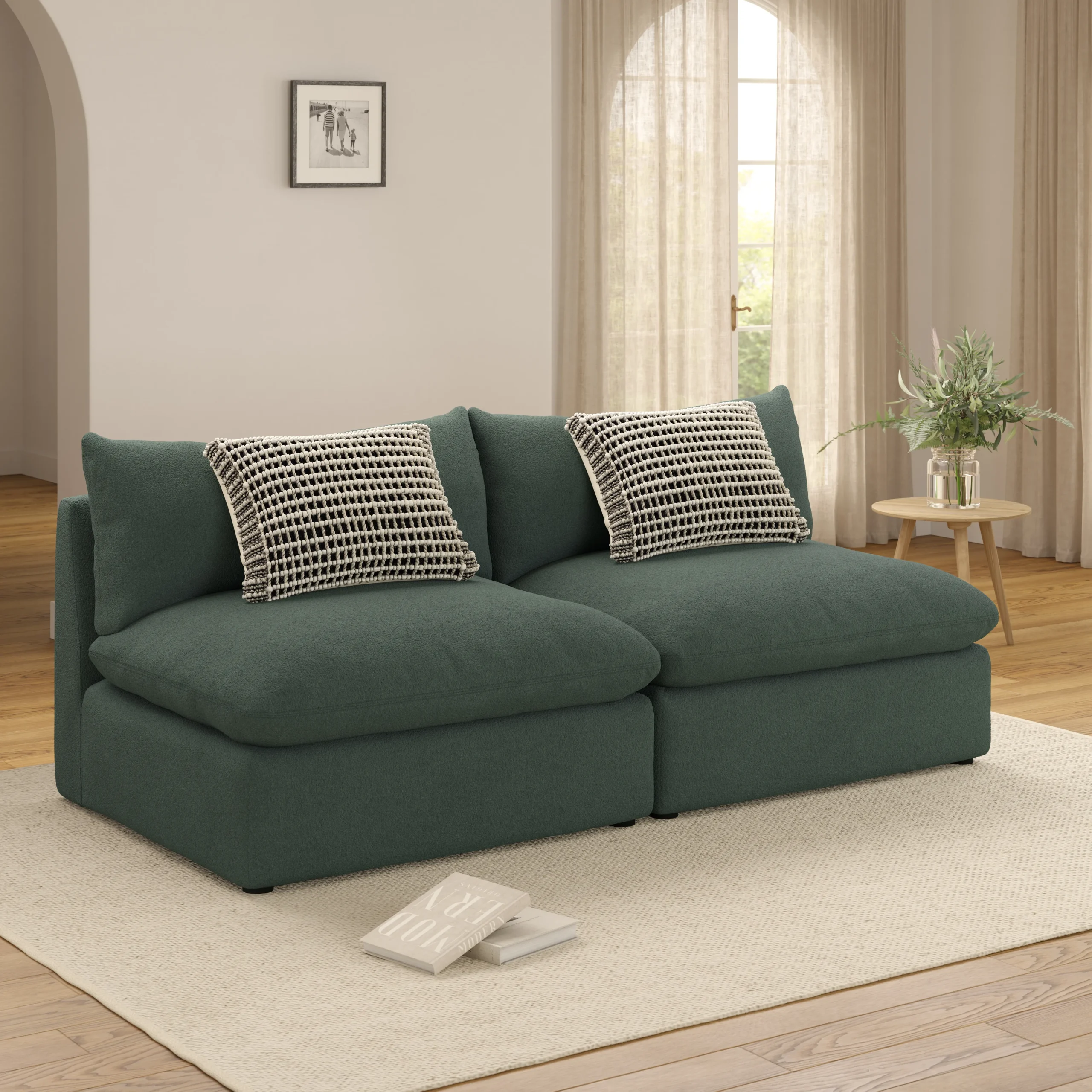 Leigh 79_ Armless Modular Sofa - Green Wool Bouclé