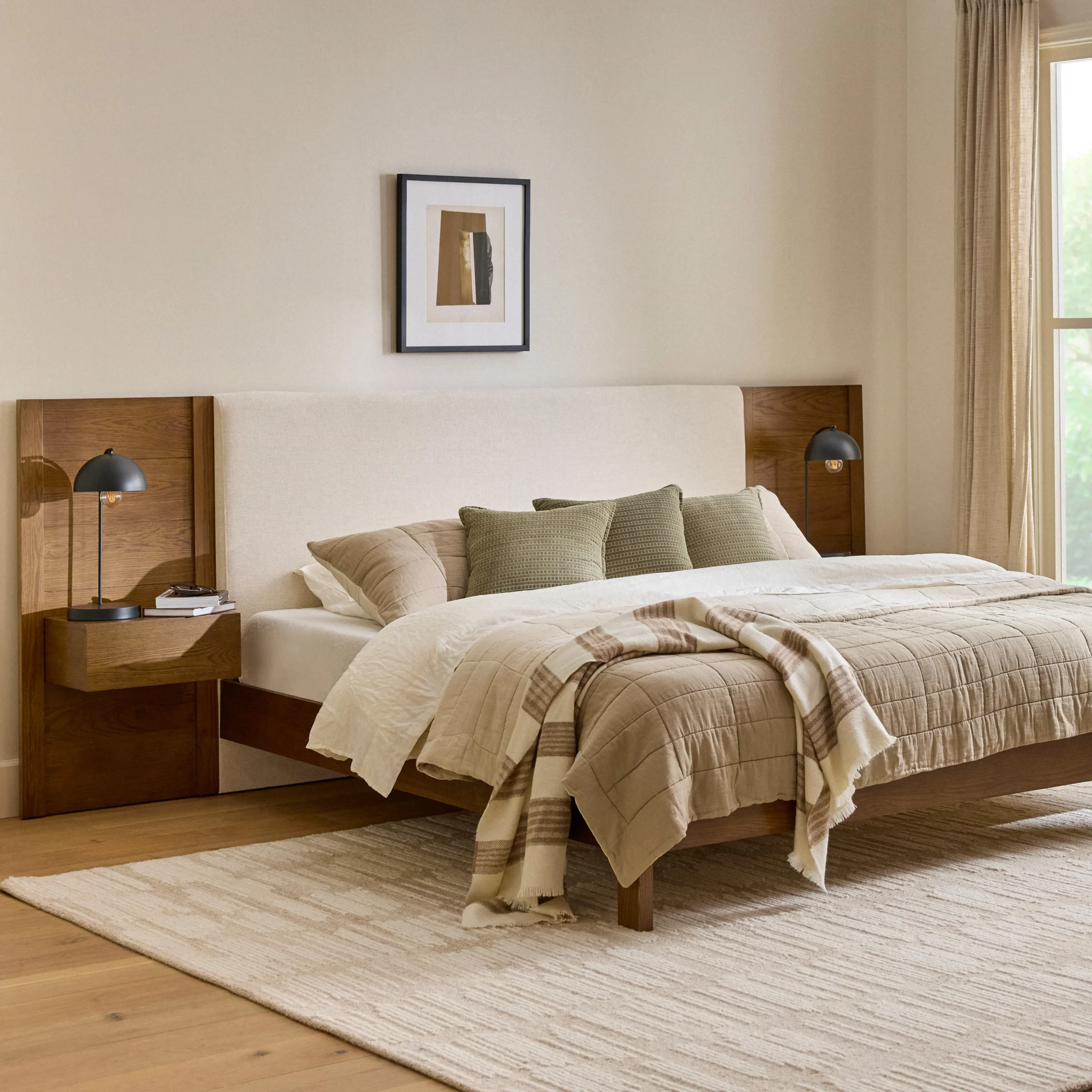 Cassie King Upholstered Bed with Nightstands - Smoked Oak and Taupe Chenille - Image 16