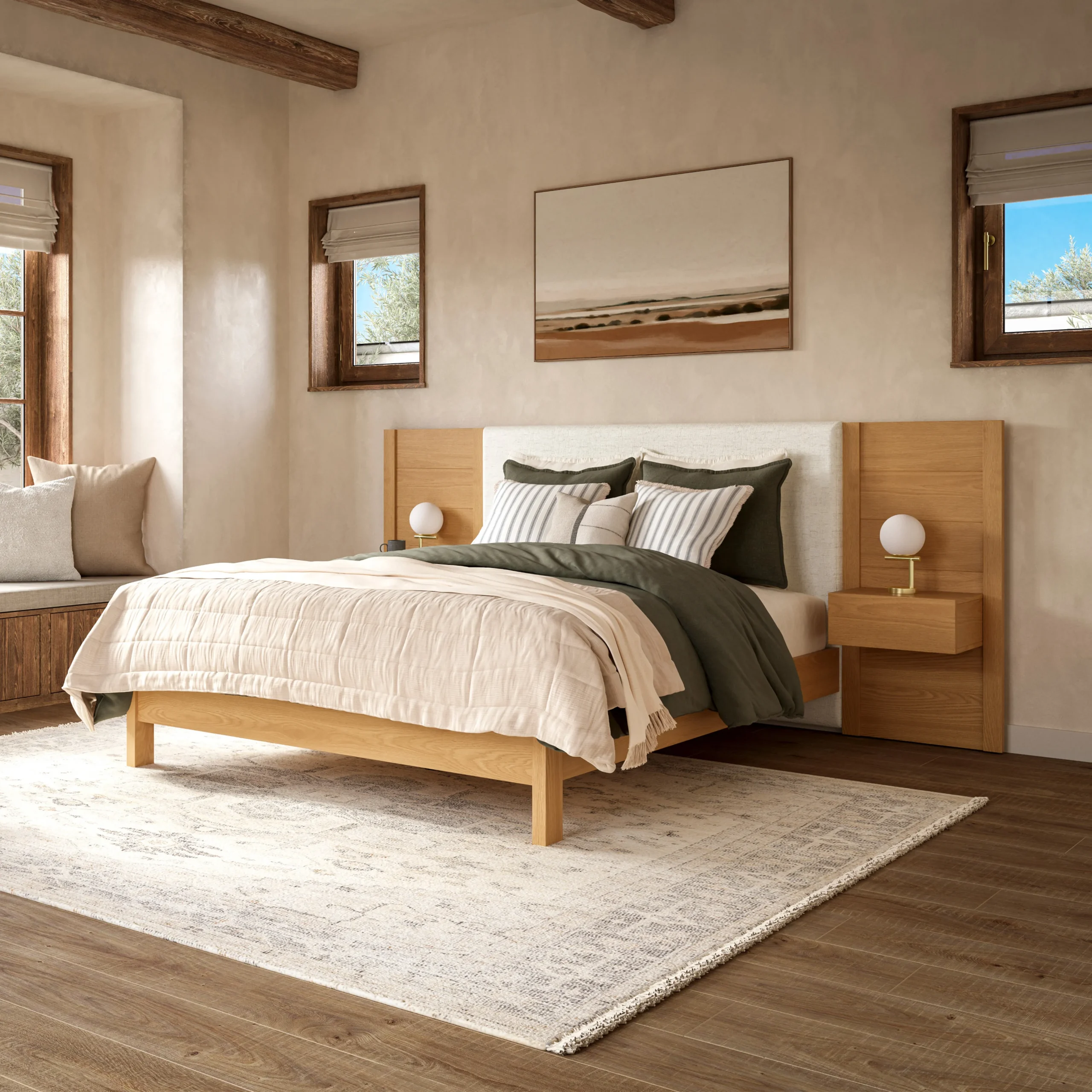 Cassie Queen Upholstered Bed with Nightstands - Natural Oak and Ivory Chenille - Image 15