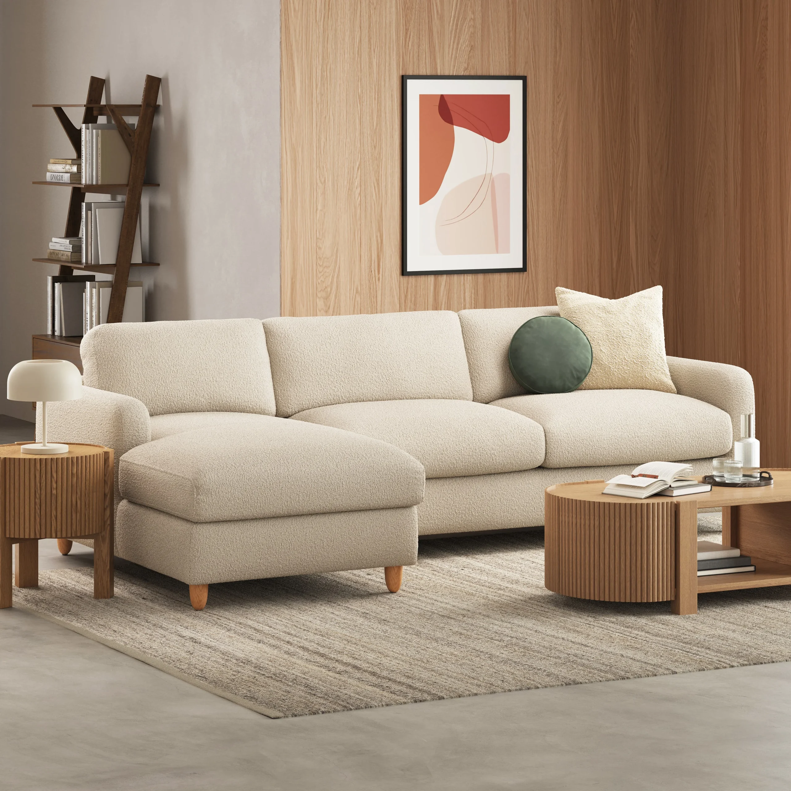Vati 114_ Left Storage Sleeper Sectional - Natural Oak and Ivory Wool Bouclé