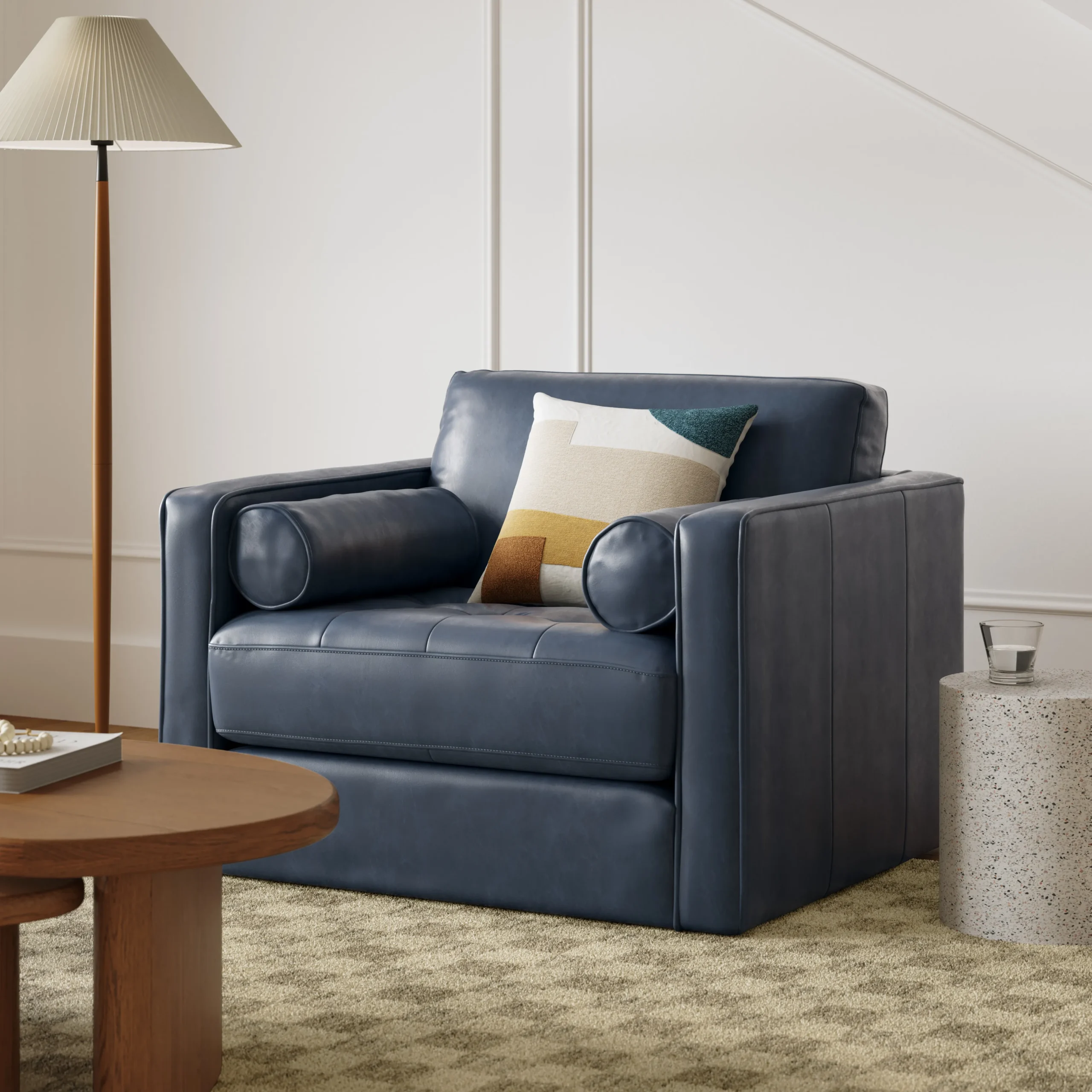 Sven 45.5_ Tufted Leather Sleeper Chair - Oxford Blue