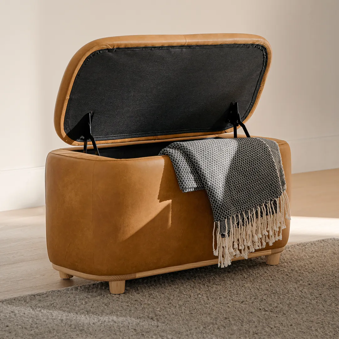 Maribo 32_ Leather Storage Ottoman - Rawhide Tan - Image 3