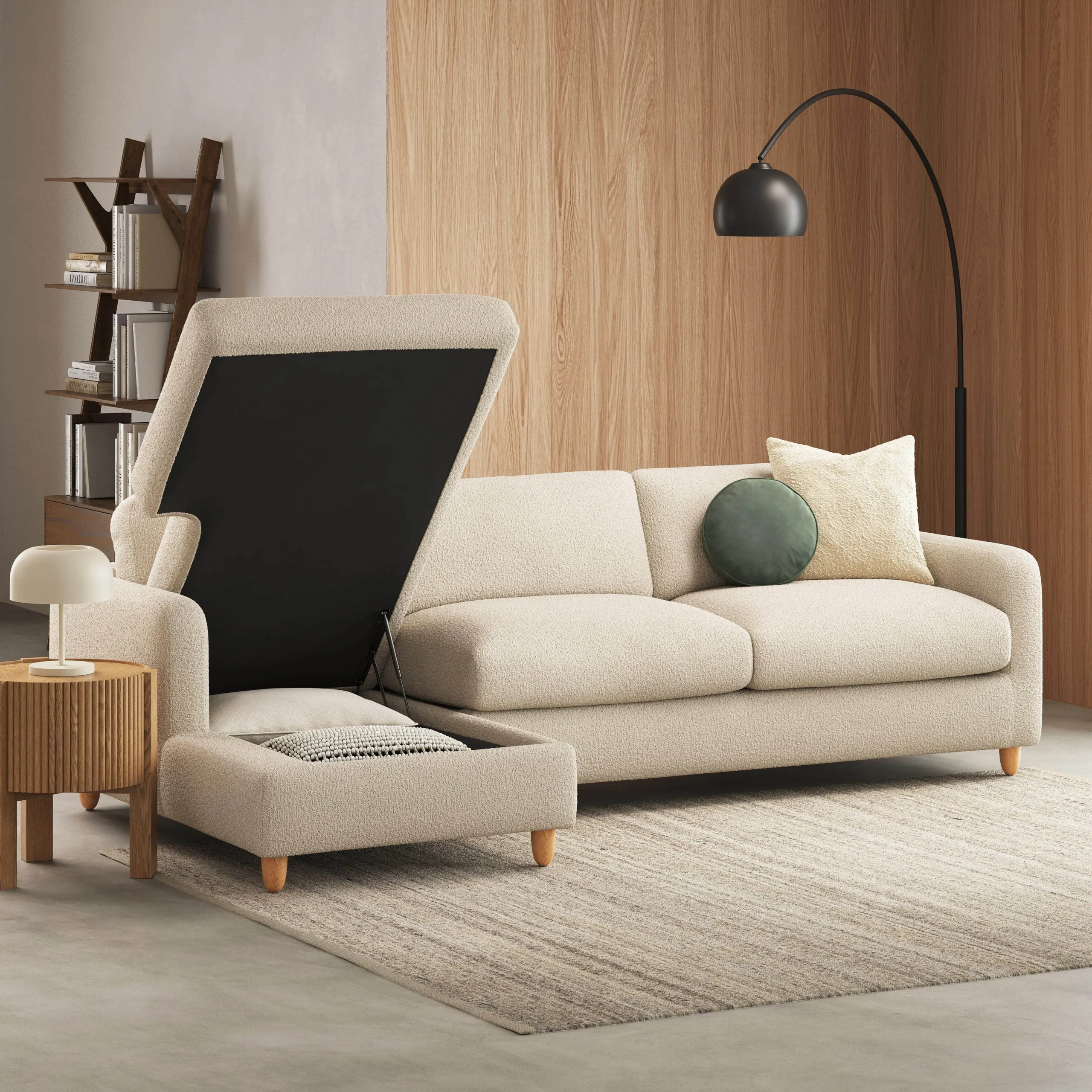 Vati 114_ Left Storage Sleeper Sectional - Natural Oak and Ivory Wool Bouclé - Image 19
