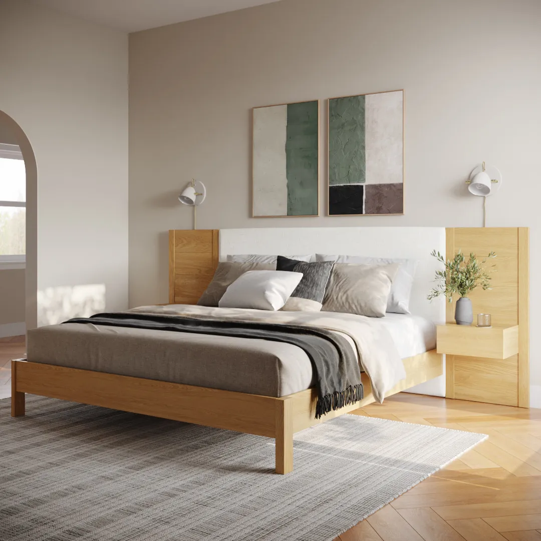 Cassie King Upholstered Bed with Nightstands - Natural Oak and Ivory Chenille - Image 10