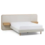 Bjorn Queen Upholstered Bed with Nightstands Set - White Oak and Ratine Ivory