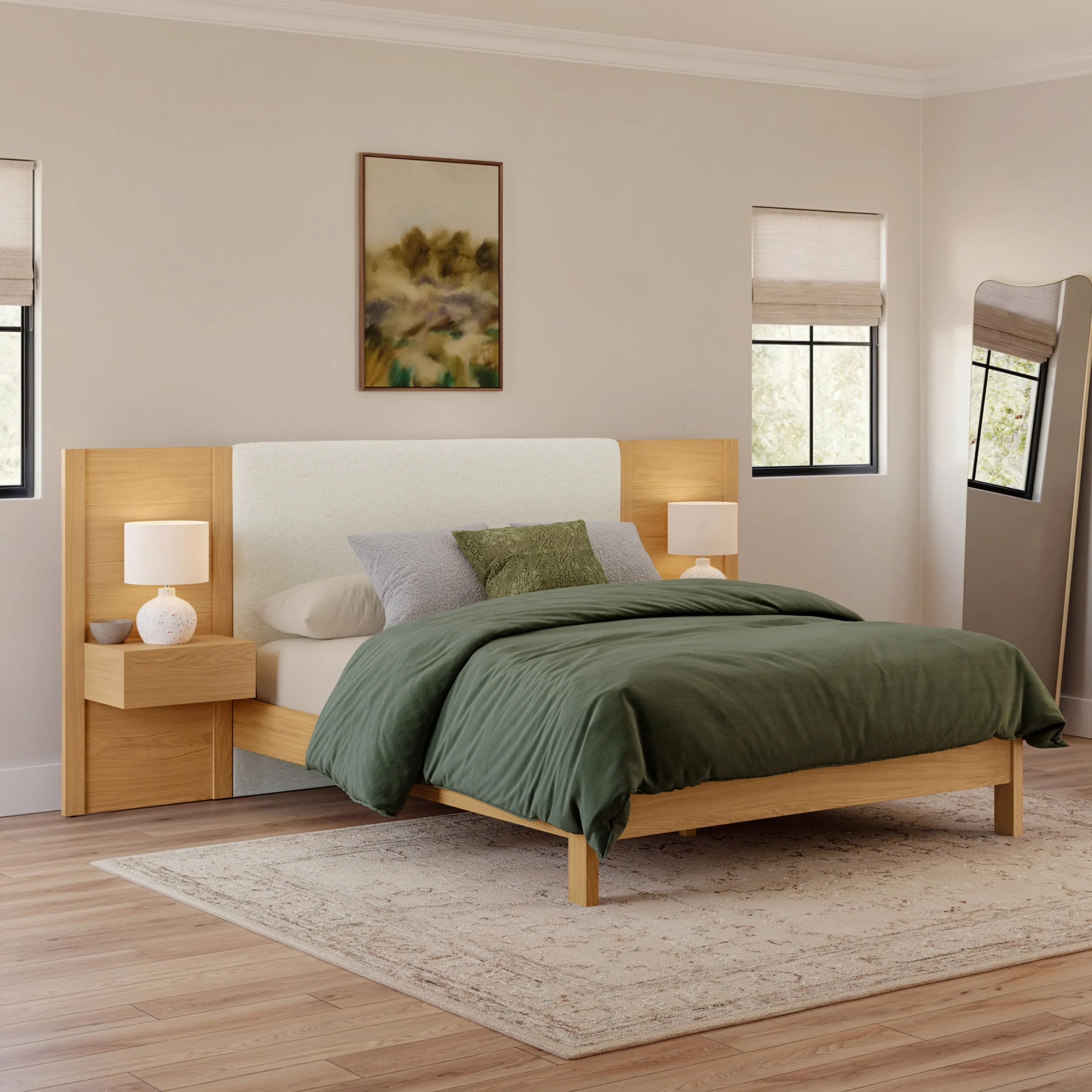 Cassie Queen Upholstered Bed with Nightstands - Natural Oak and Ivory Chenille - Image 10