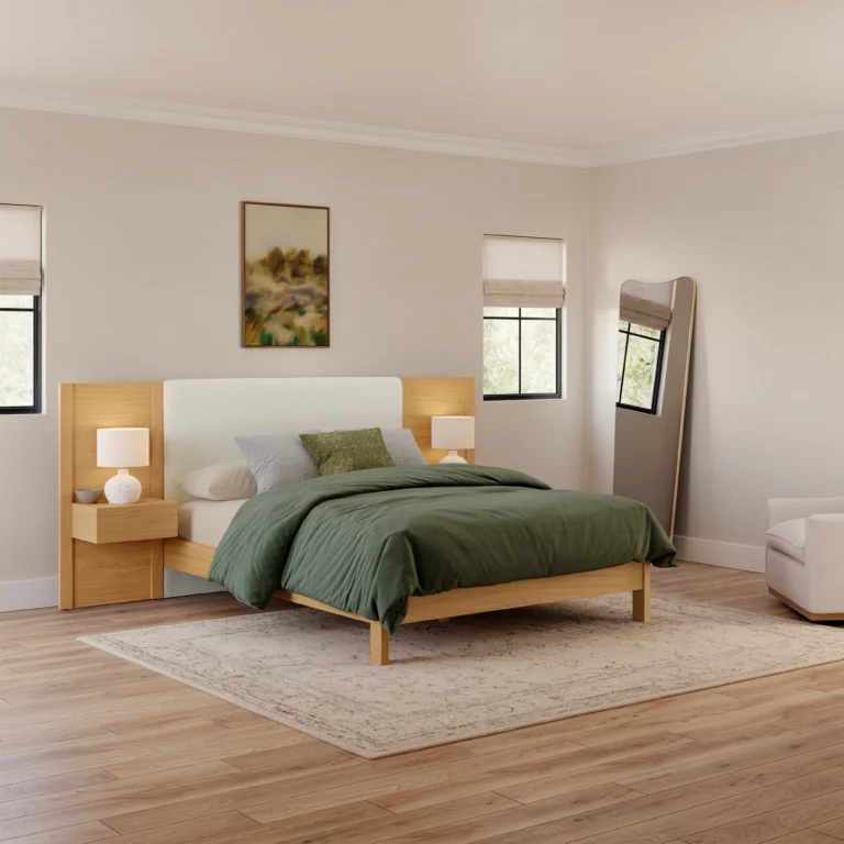 Cassie Queen Upholstered Bed with Nightstands - Natural Oak and Ivory Chenille