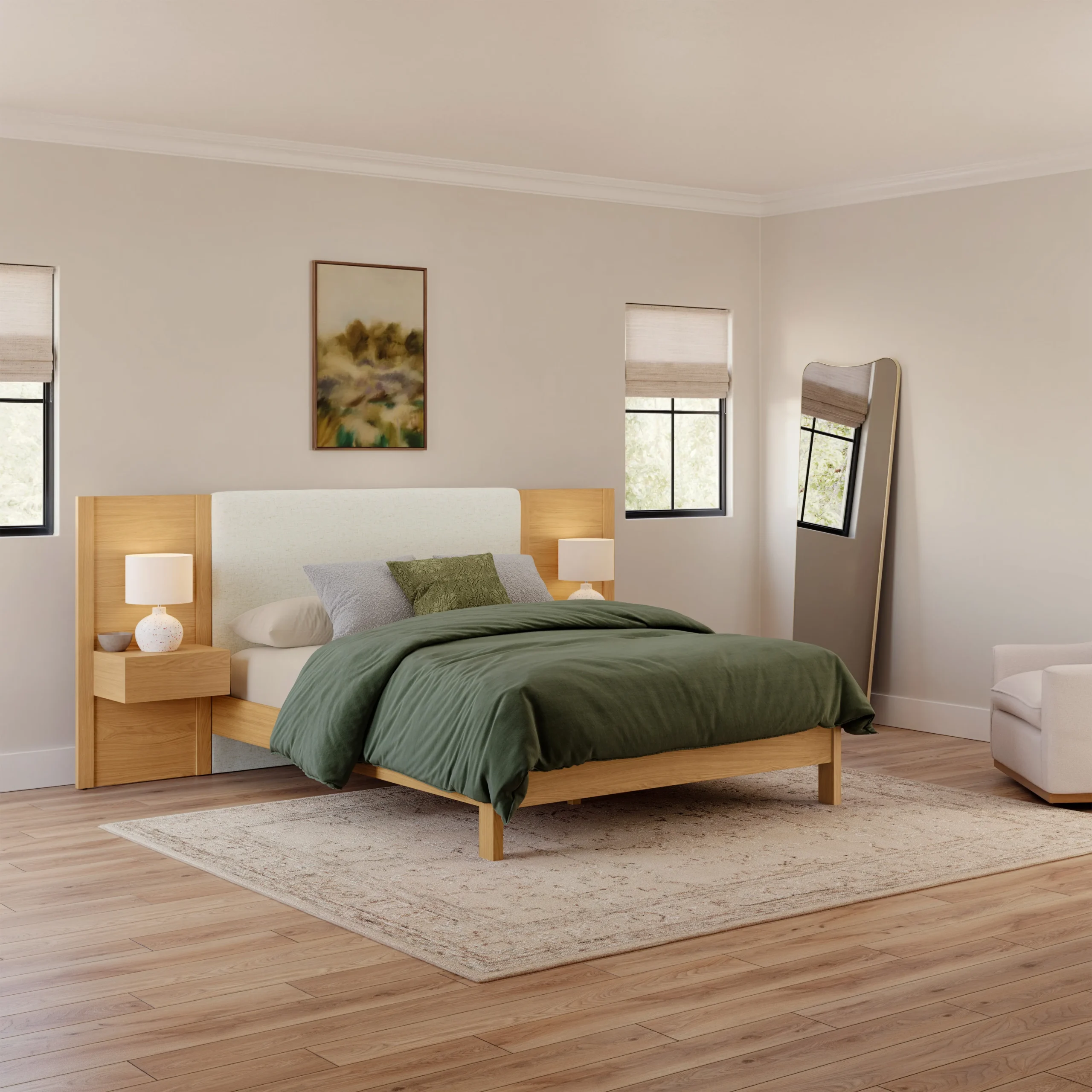 Cassie Queen Upholstered Bed with Nightstands - Natural Oak and Ivory Chenille
