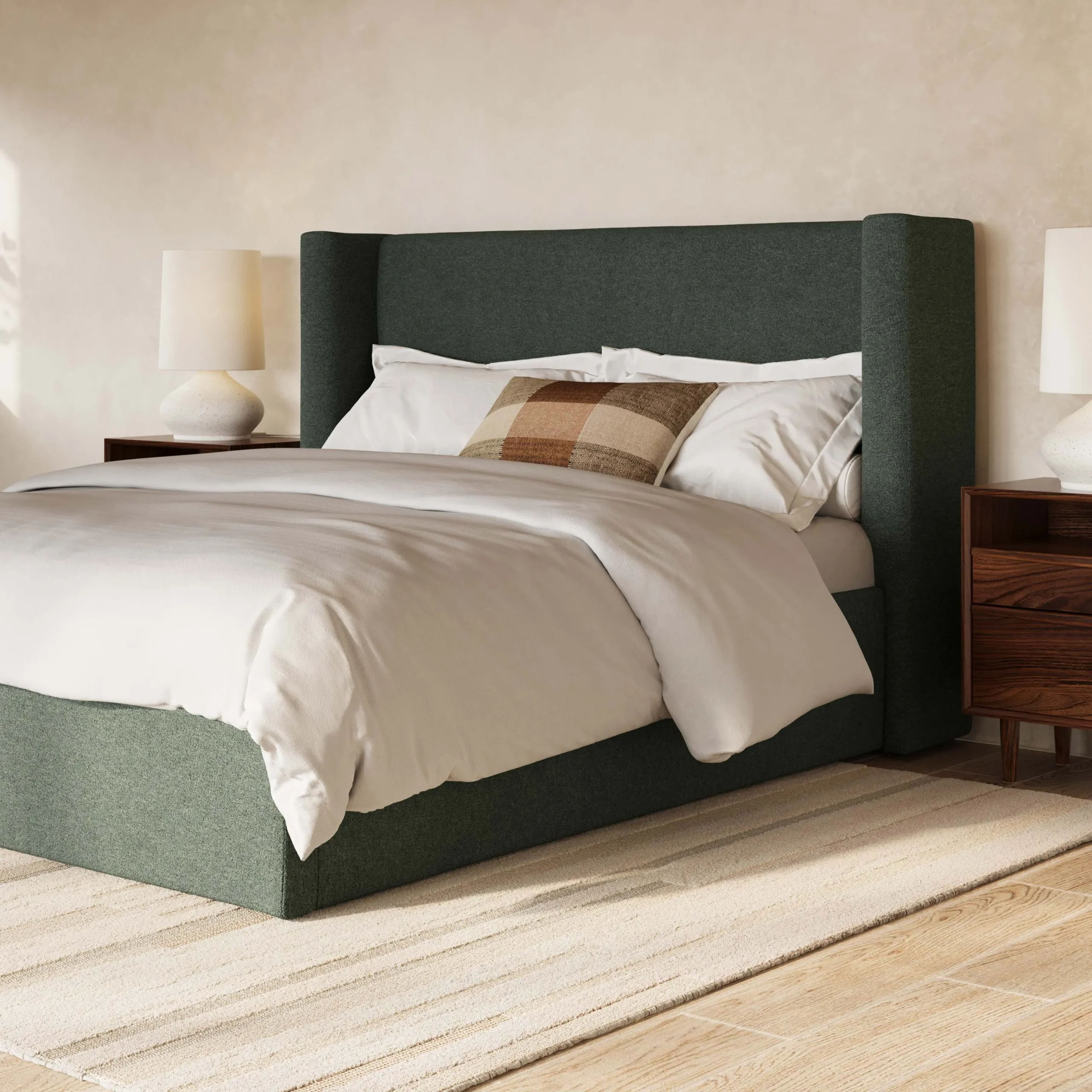 Calabri Queen Upholstered Bed - Green Wool Bouclé