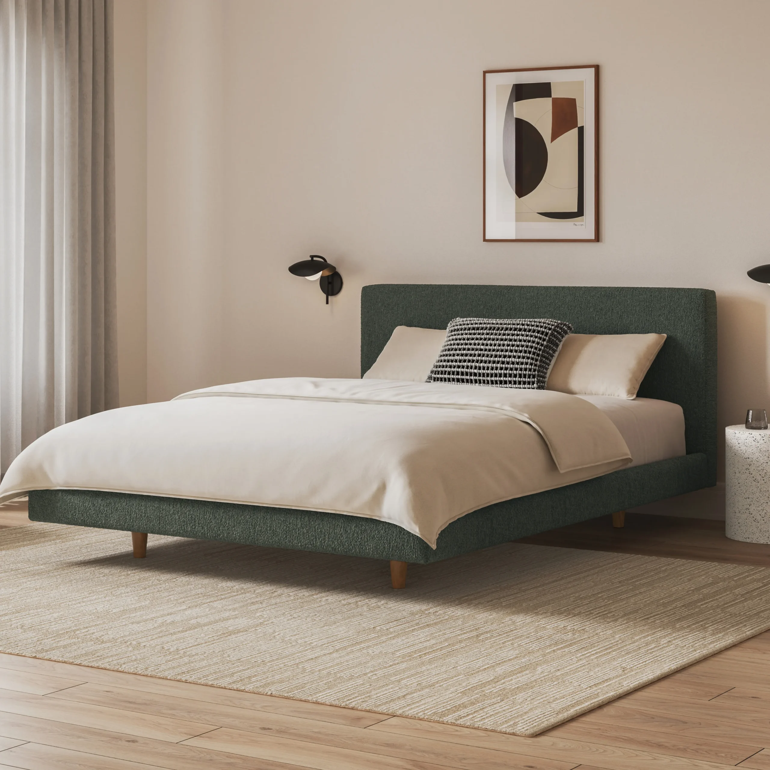Tessu Queen Low Profile Upholstered Bed - Green Wool Bouclé