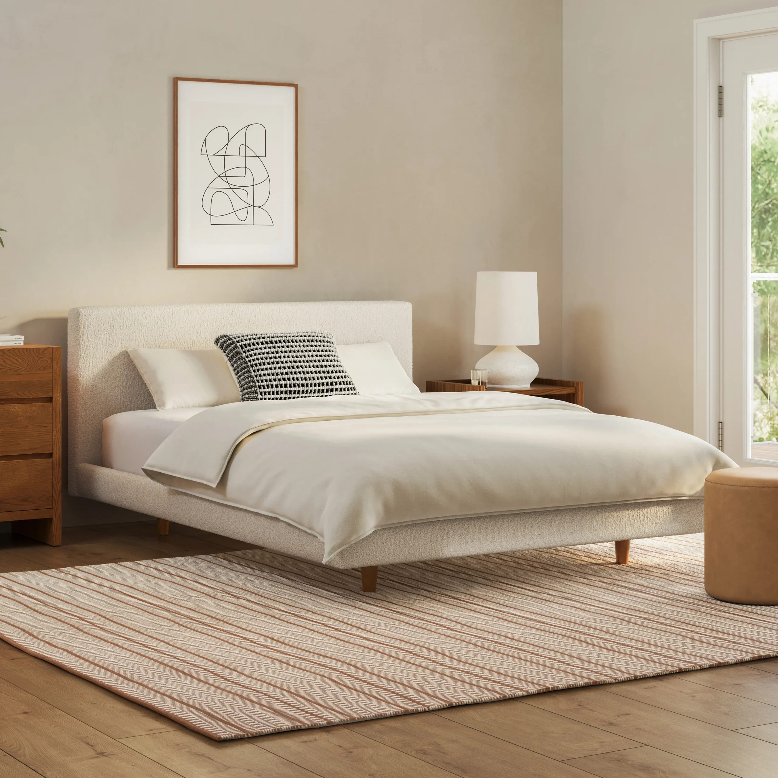 Tessu Queen Low Profile Upholstered Bed - Ivory Wool Bouclé