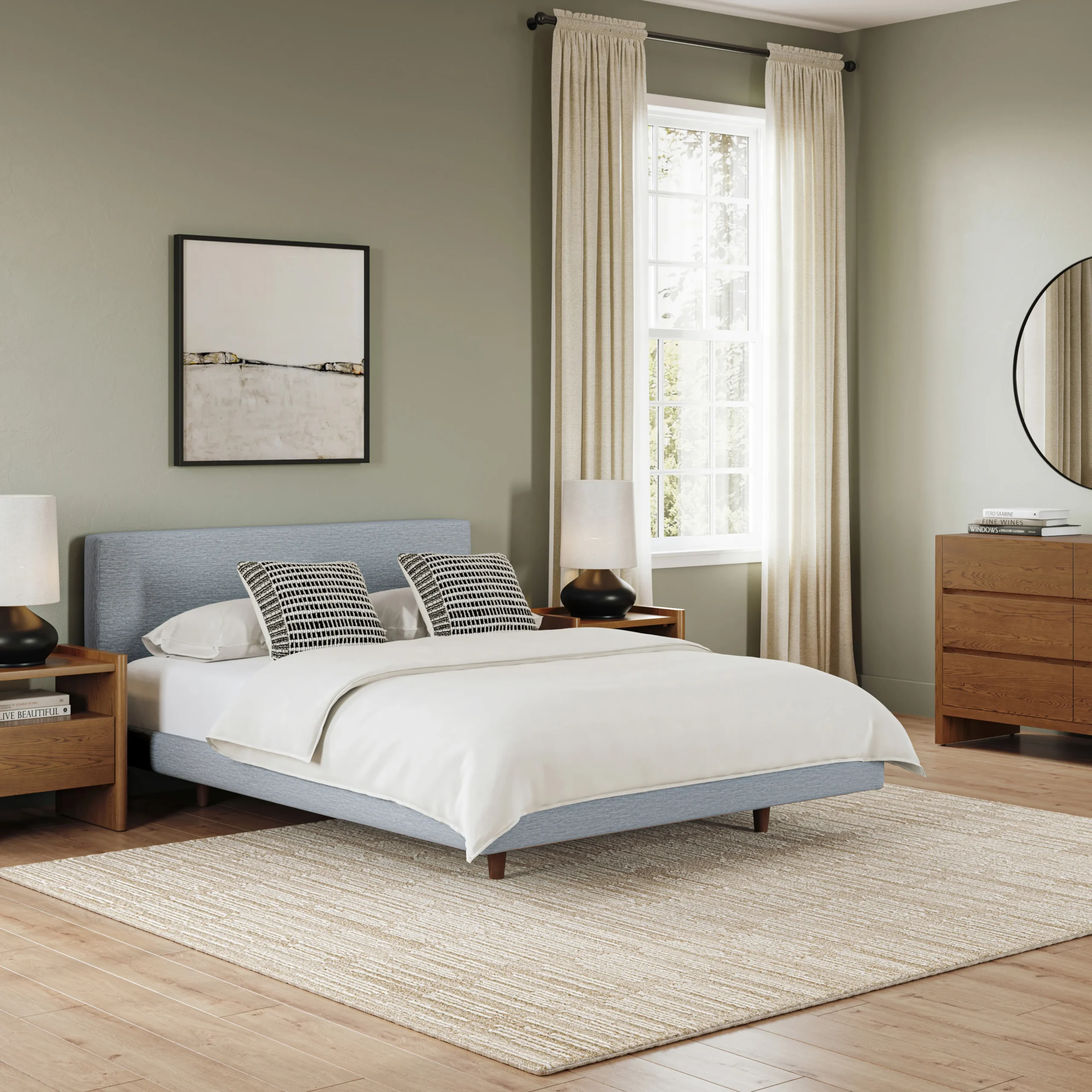 Tessu Queen Low Profile Upholstered Bed - Silver Light Blue