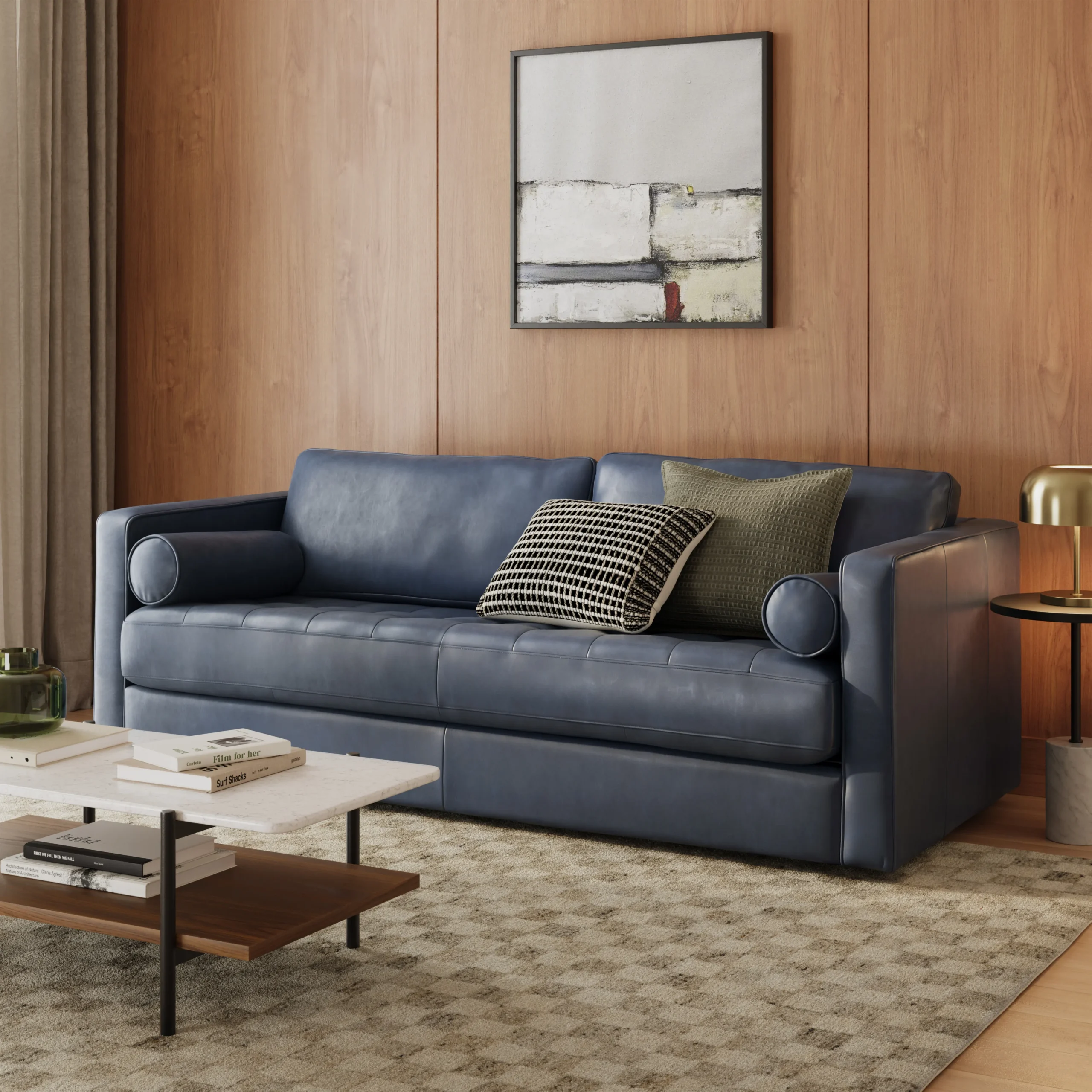 Sven 88_ Grounded Tufted Leather Sofa - Oxford Blue