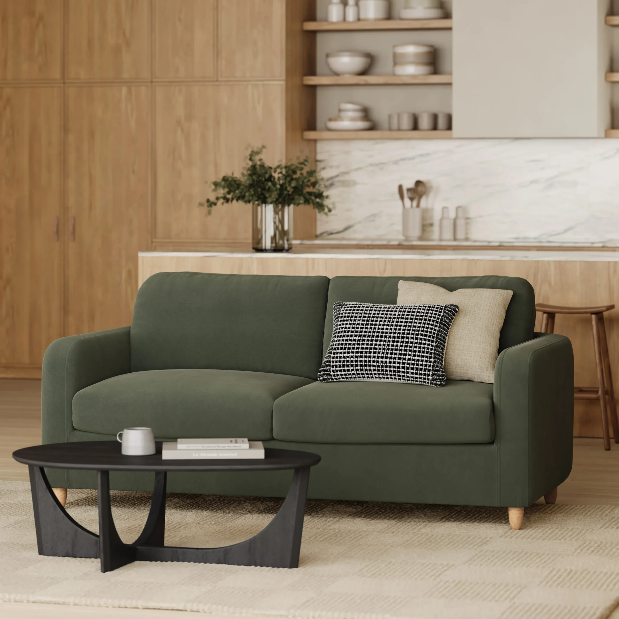 Vati 80_ Velvet Sofa Bed - Natural Oak and Hale Fir Green