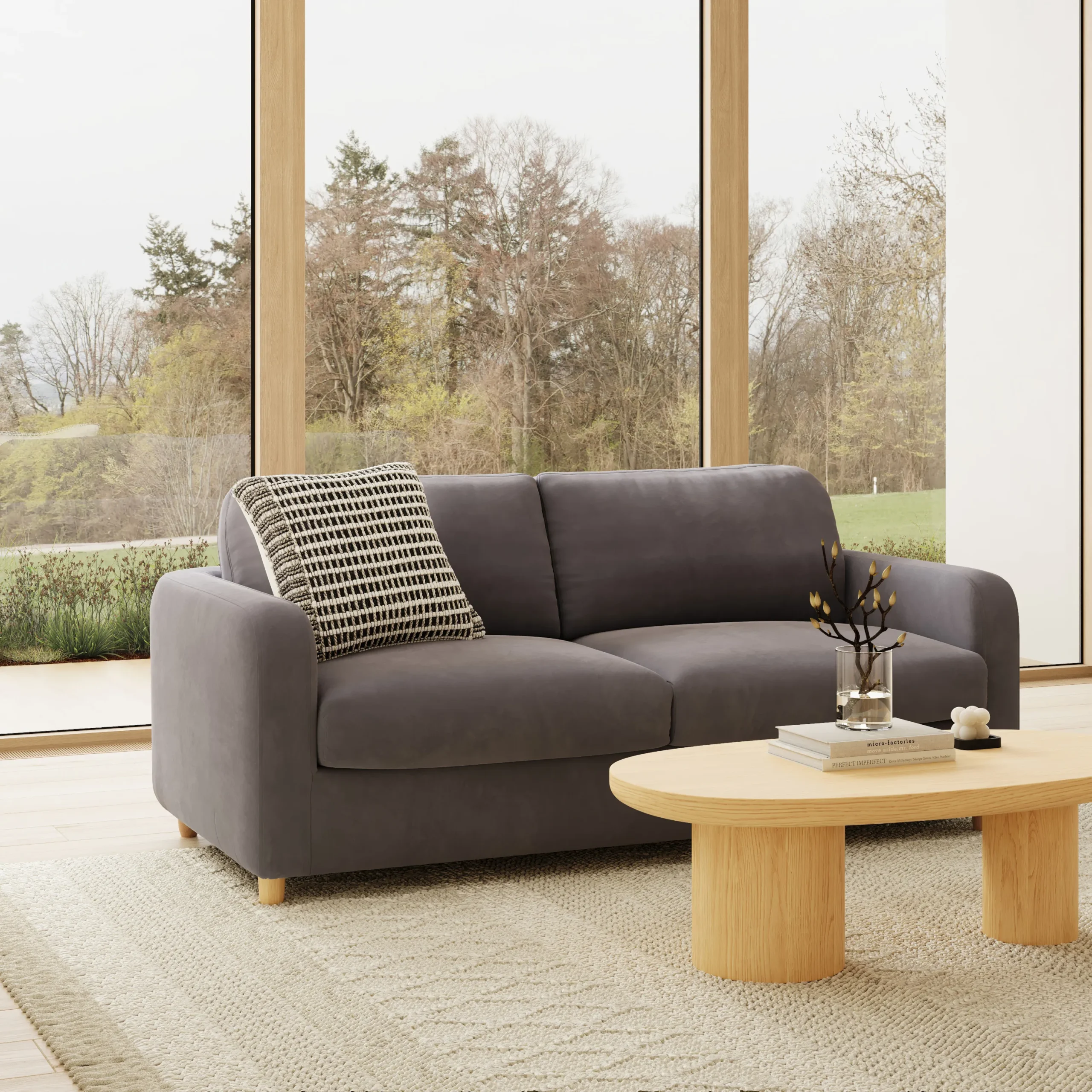 Vati 80_ Velvet Sofa Bed - Natural Oak and Hale Warm Gray