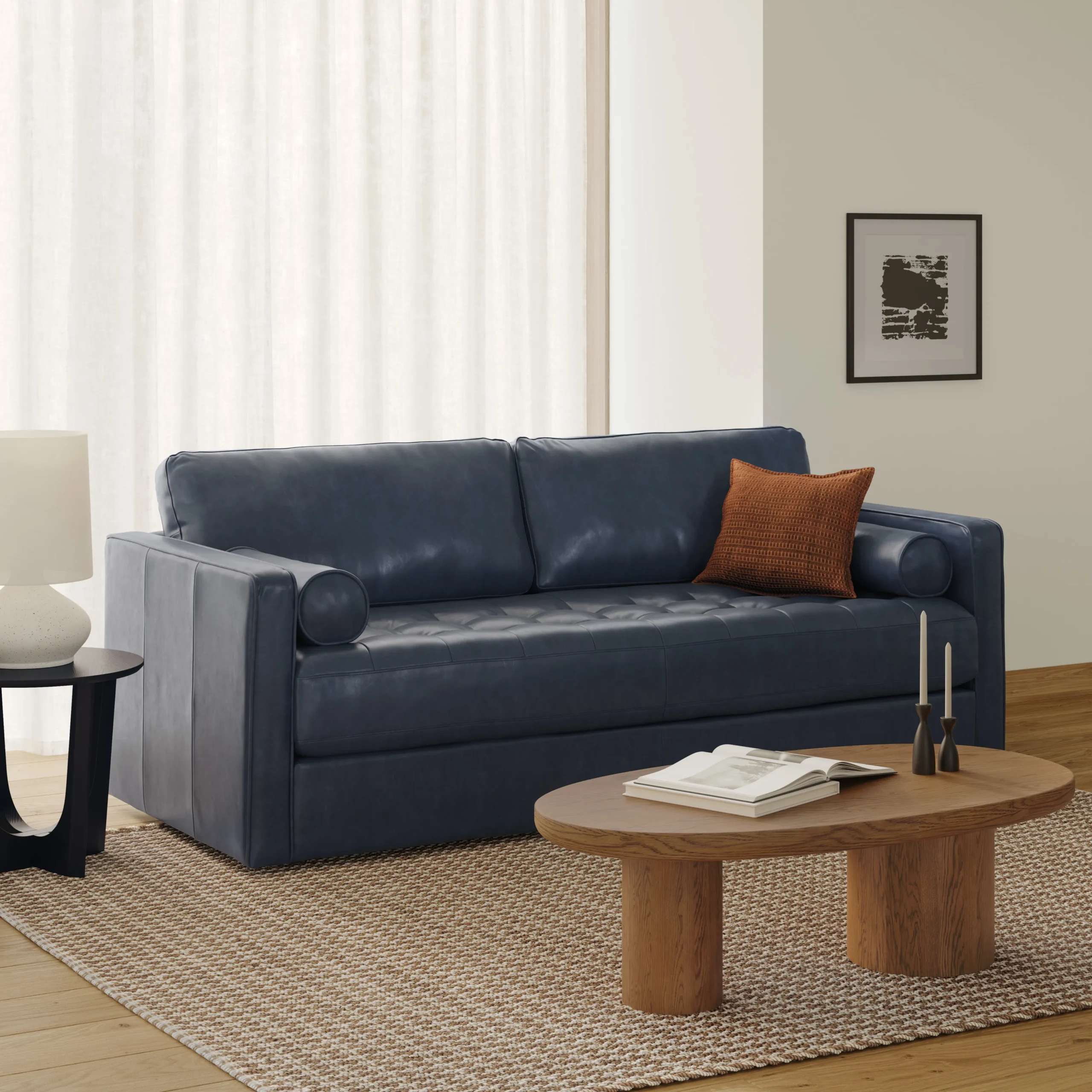 Sven 88_ Tufted Leather Sofa Bed - Oxford Blue