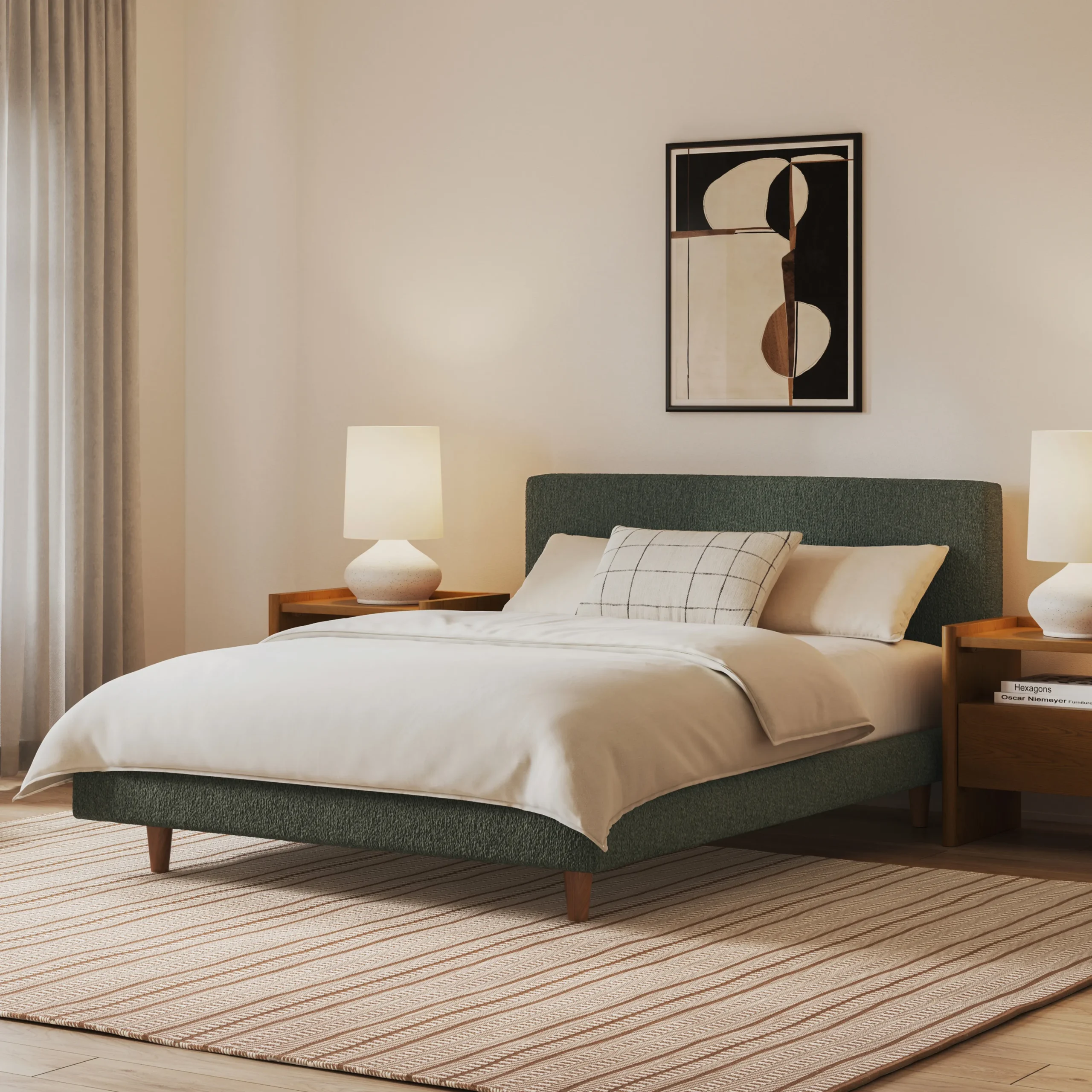 Tessu Full Low Profile Upholstered Bed - Green Wool Bouclé
