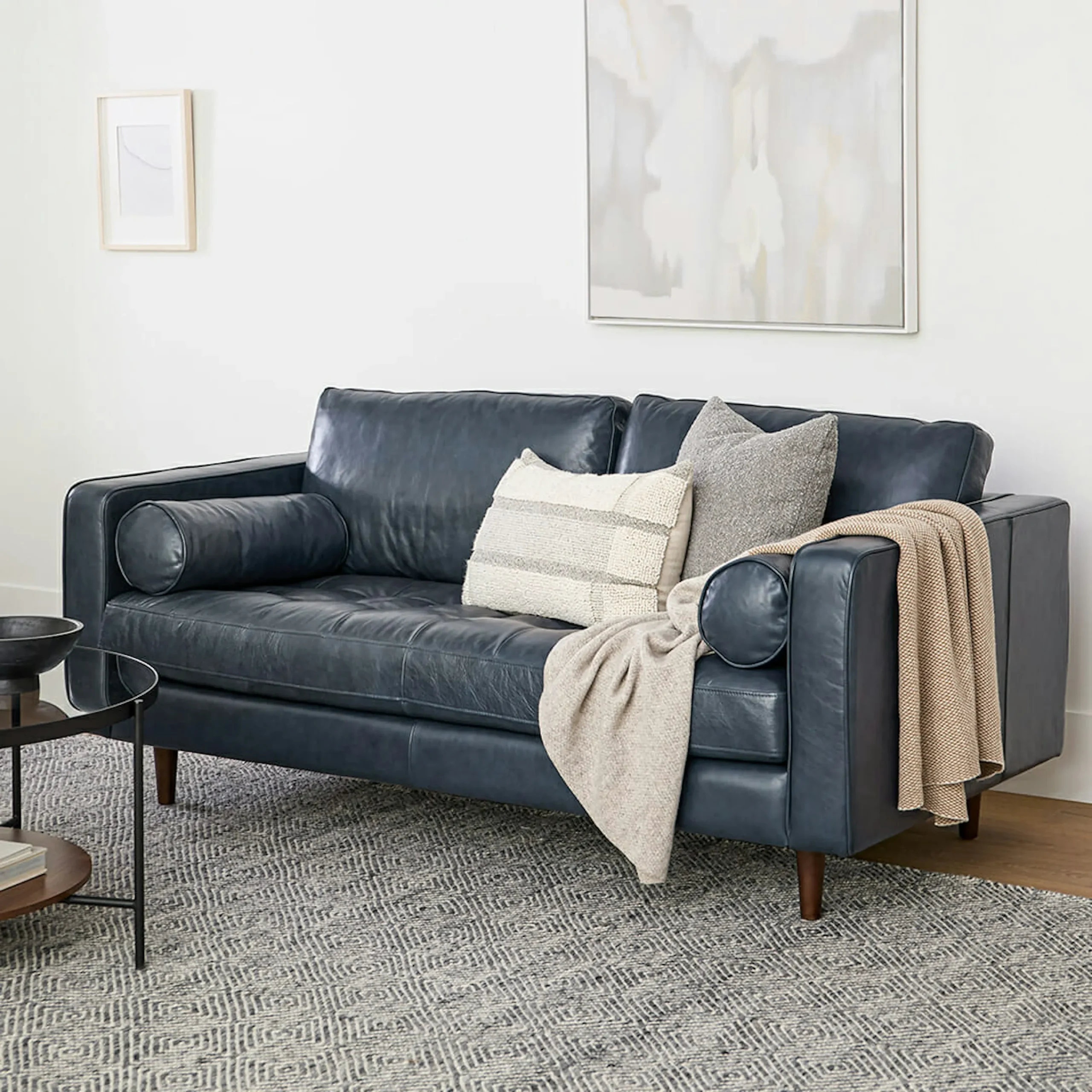 Sven 72_ Tufted Leather Loveseat - Oxford Blue