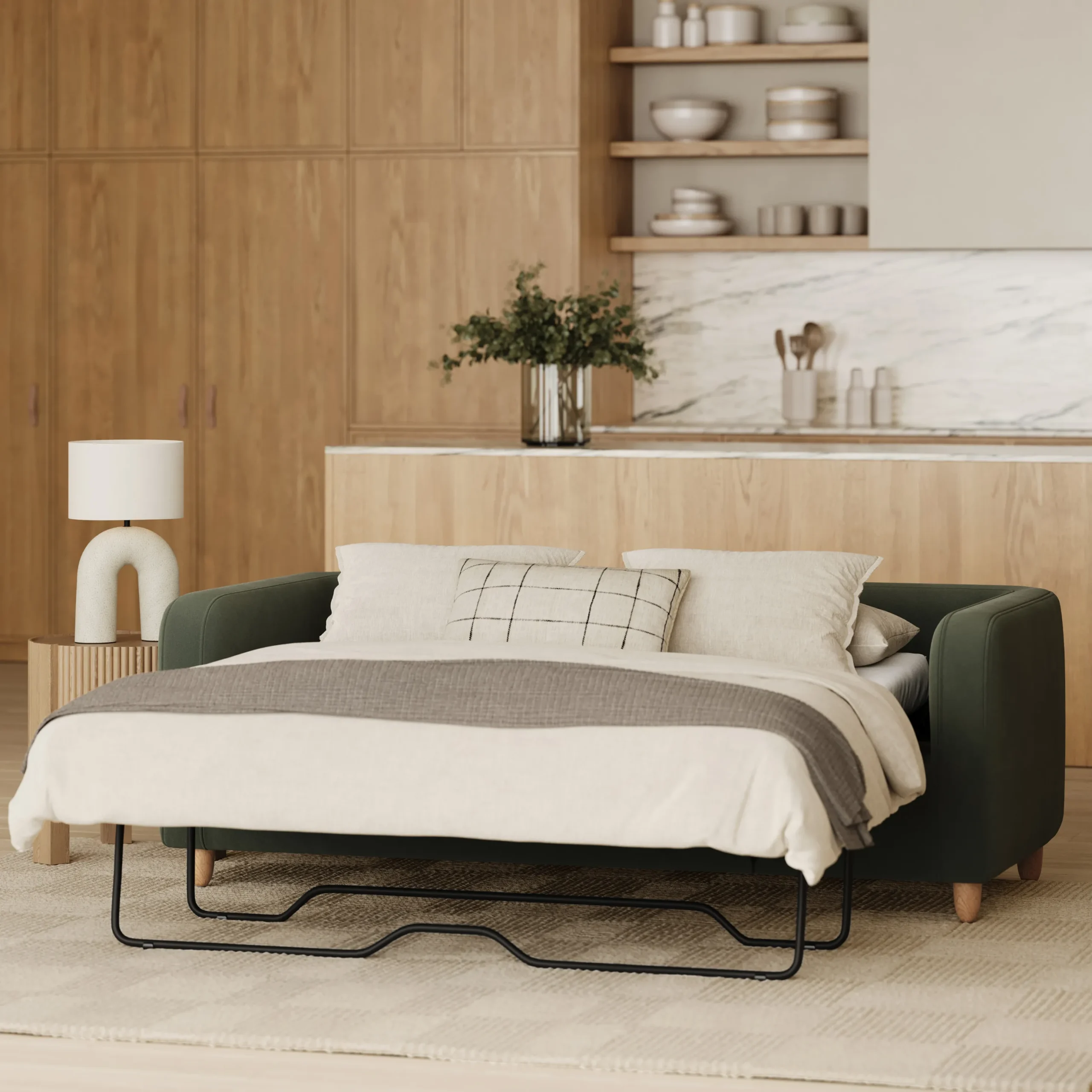 Vati 80_ Velvet Sofa Bed - Natural Oak and Hale Fir Green - Image 2