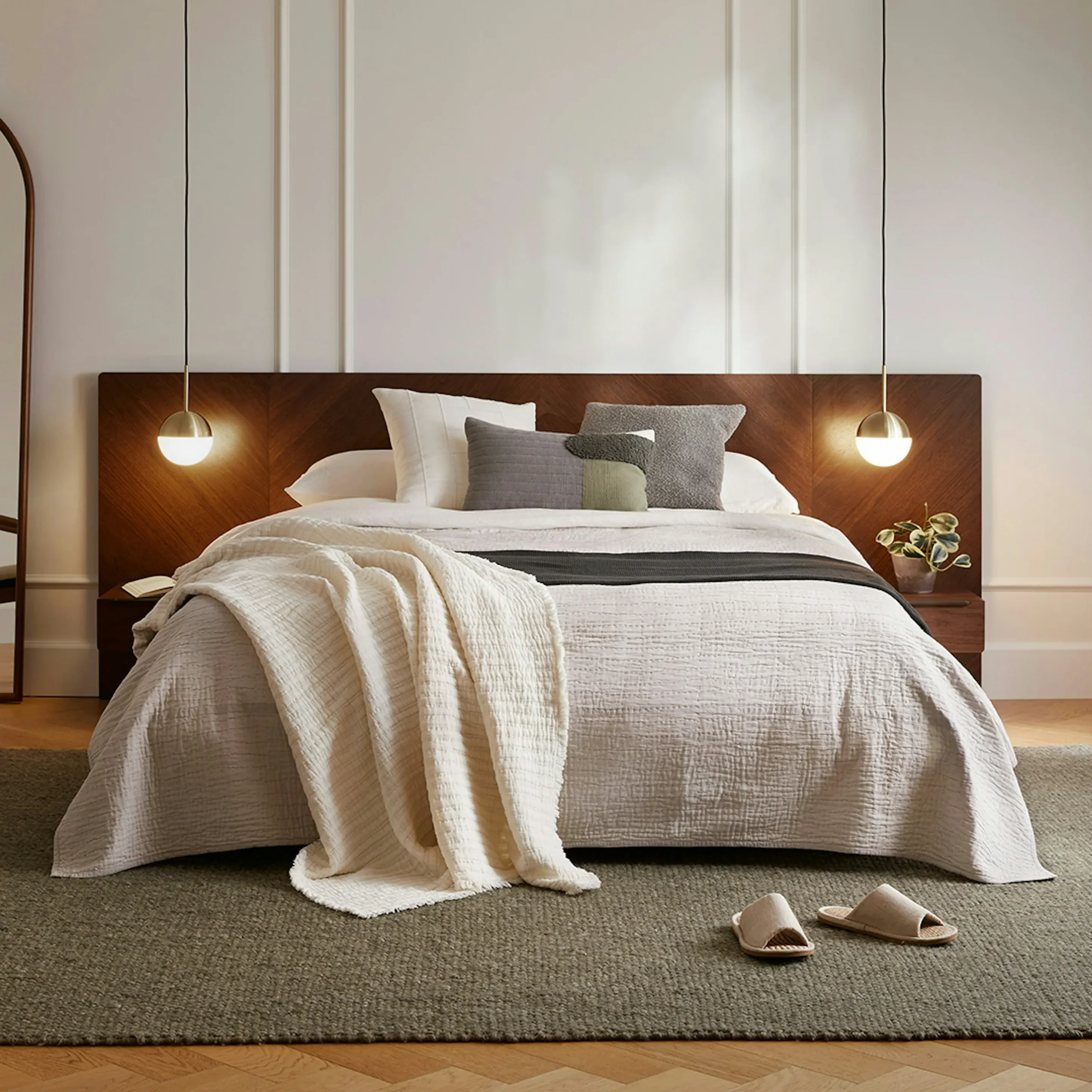 Nera Queen Low Profile Bed with Nightstands Set - Walnut - Image 2