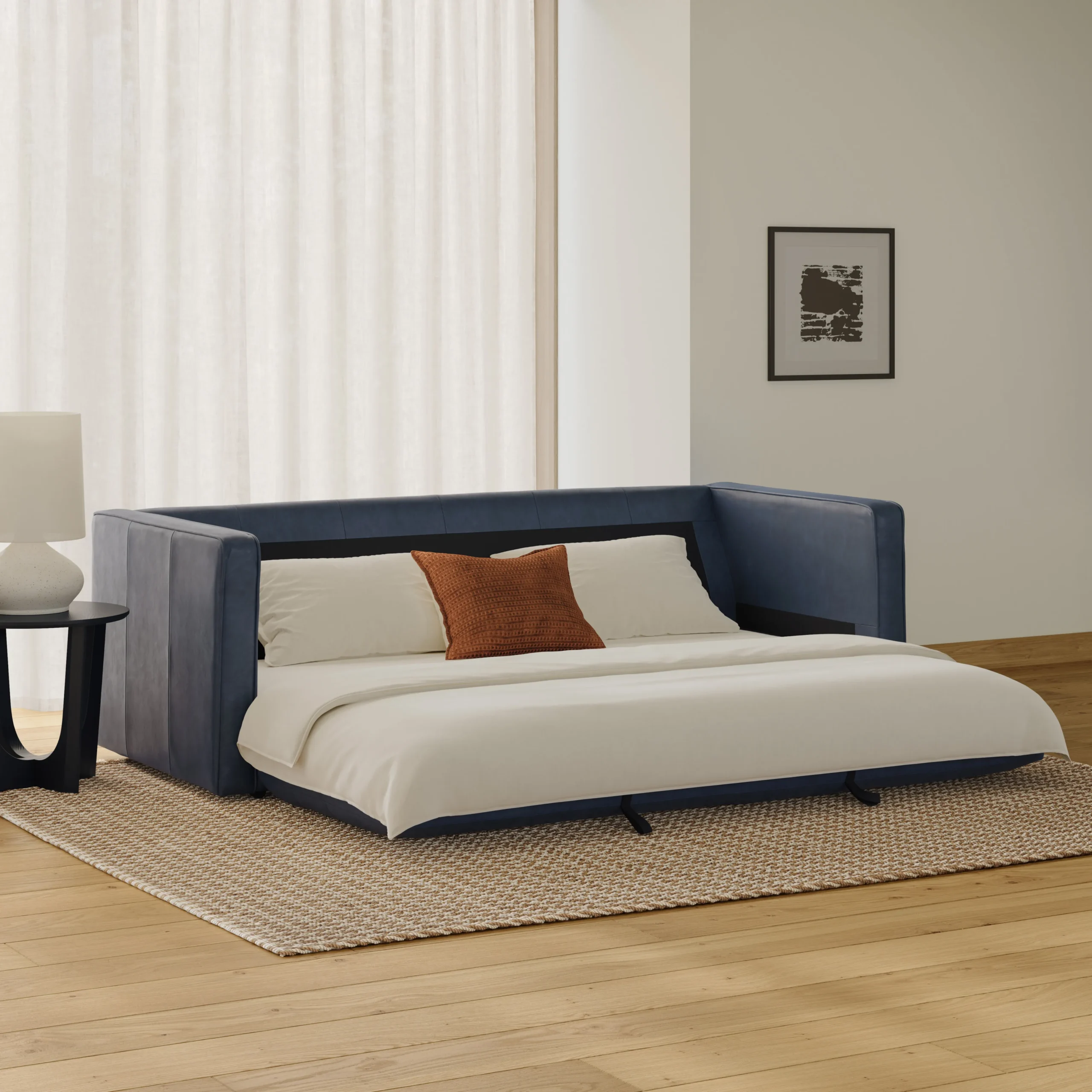 Sven 88_ Tufted Leather Sofa Bed - Oxford Blue - Image 2