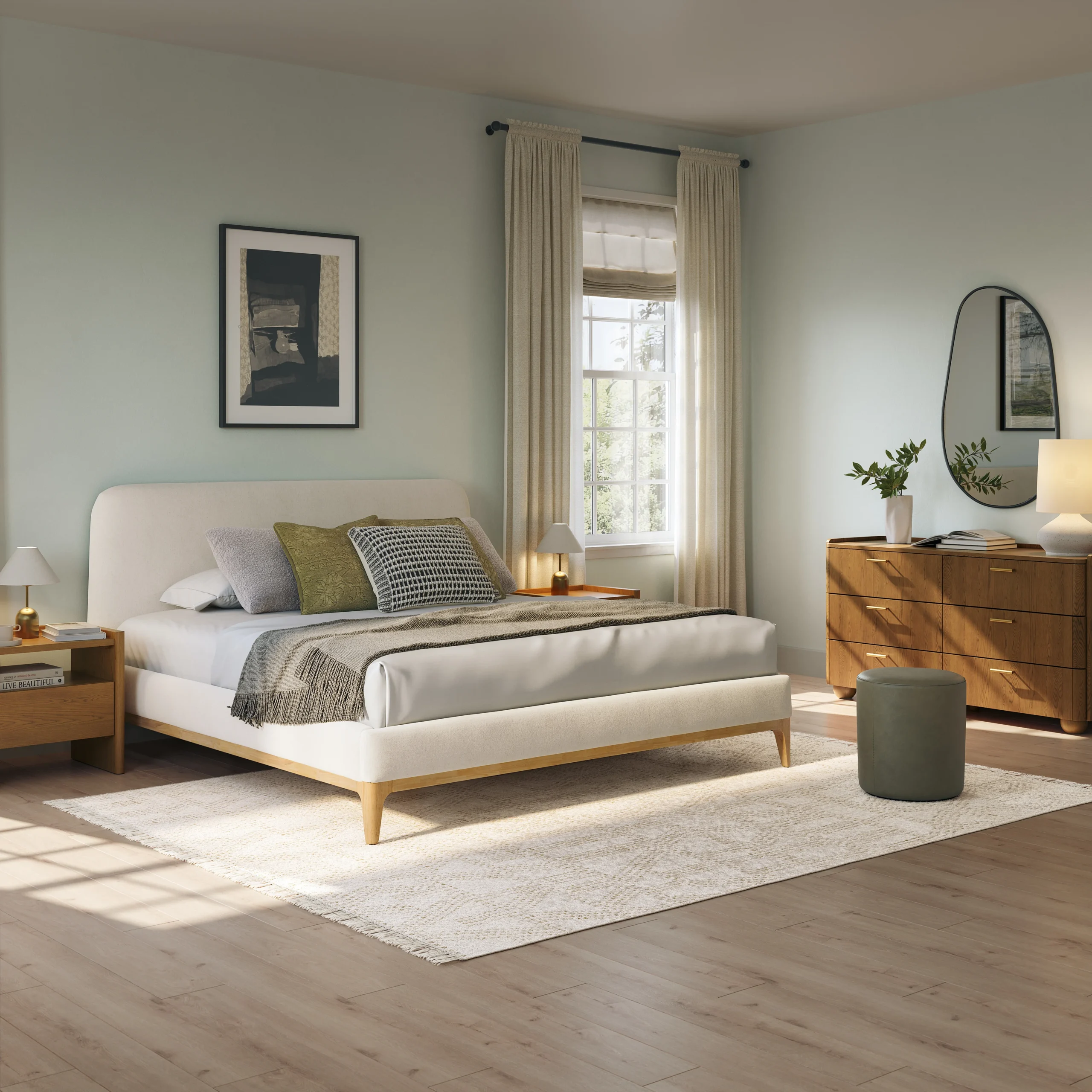 Rosin King Upholstered Bed - Natural Oak and Sand Ivory