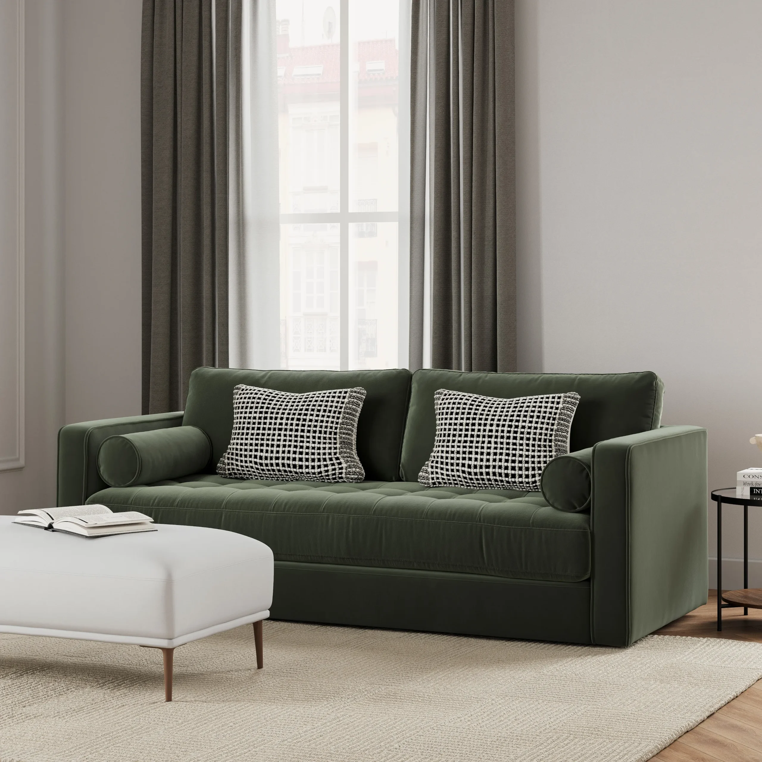 Sven 88_ Tufted Velvet Sofa Bed - Plush Pacific Green