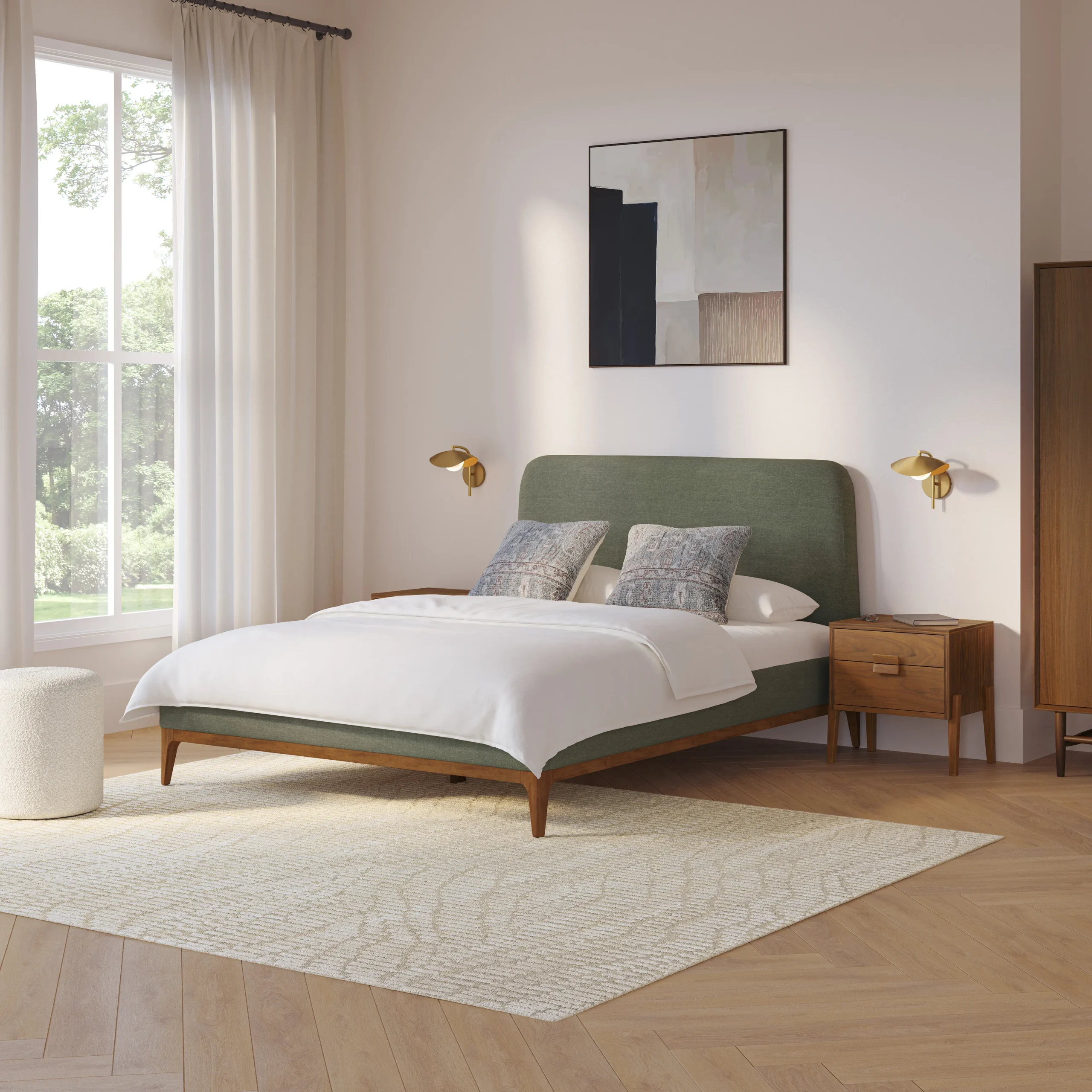 Rosin Queen Upholstered Bed - Smoked Oak and Welsh Green - Image 10