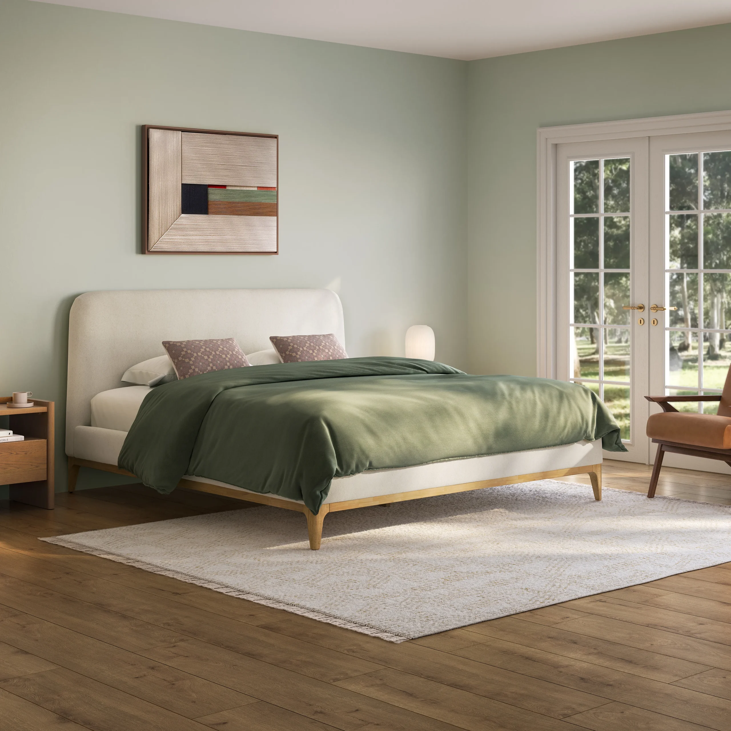 Rosin Queen Upholstered Bed - Natural Oak and Sand Ivory