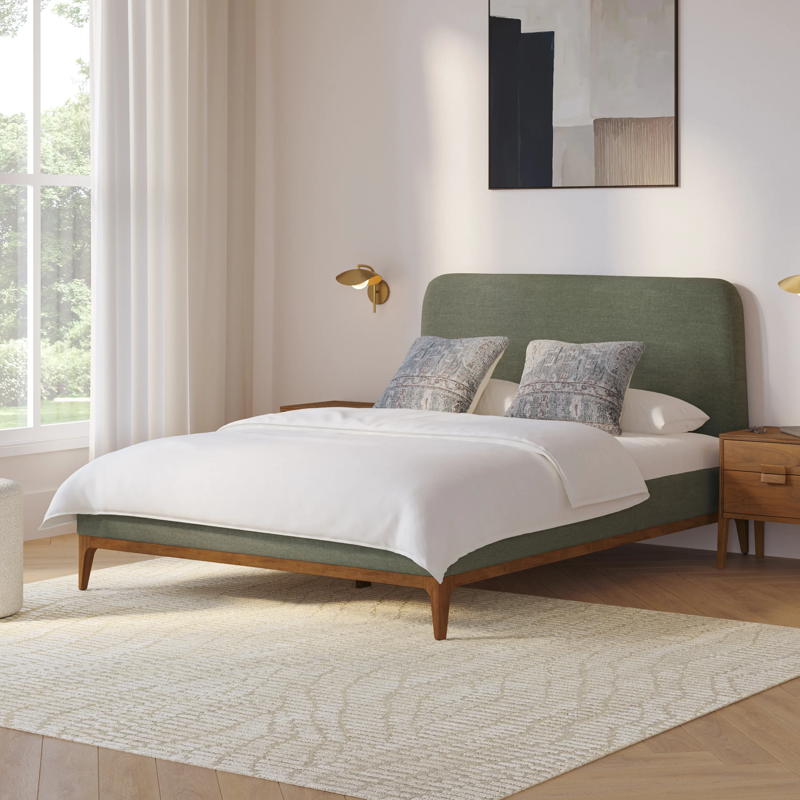 Rosin Queen Upholstered Bed - Smoked Oak and Welsh Green