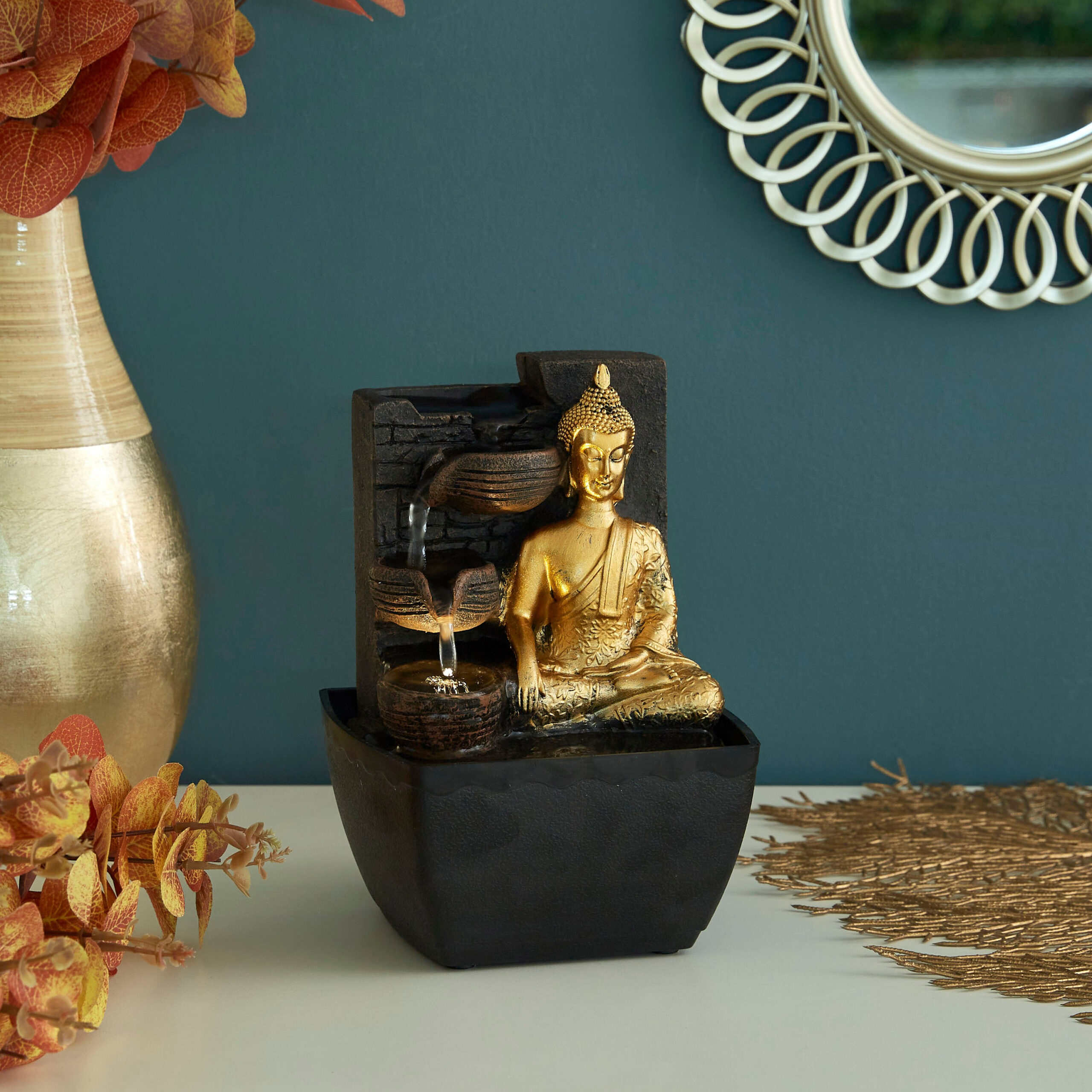 Mini Buddha Fountain with Yellow Light - 13x12x18 cm