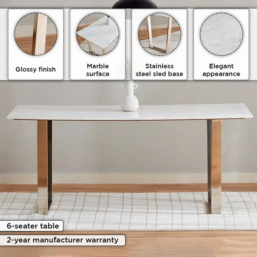 Vendra Silverado Genuine Marble Top 6-Seater Dining Table - Image 5