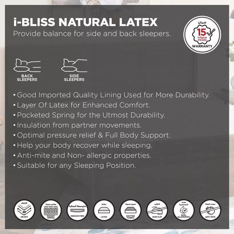 SleepLuxe iBliss Natural Latex Medium Firm Pocket Spring Super King Mattress - 200x200x28 cm - Image 5