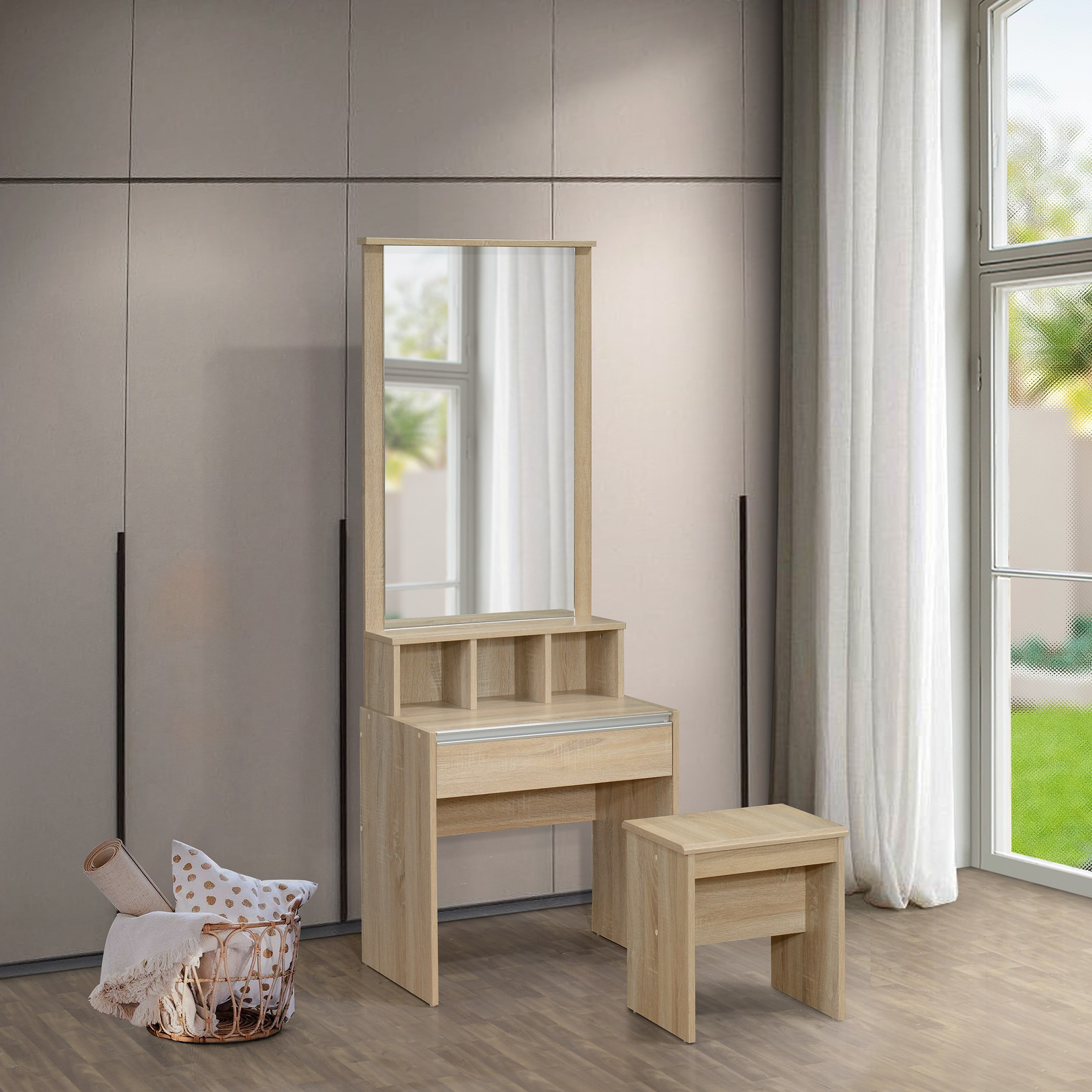 Movo Oasis Cambridge 1-Drawer Dresser with Mirror and Stool