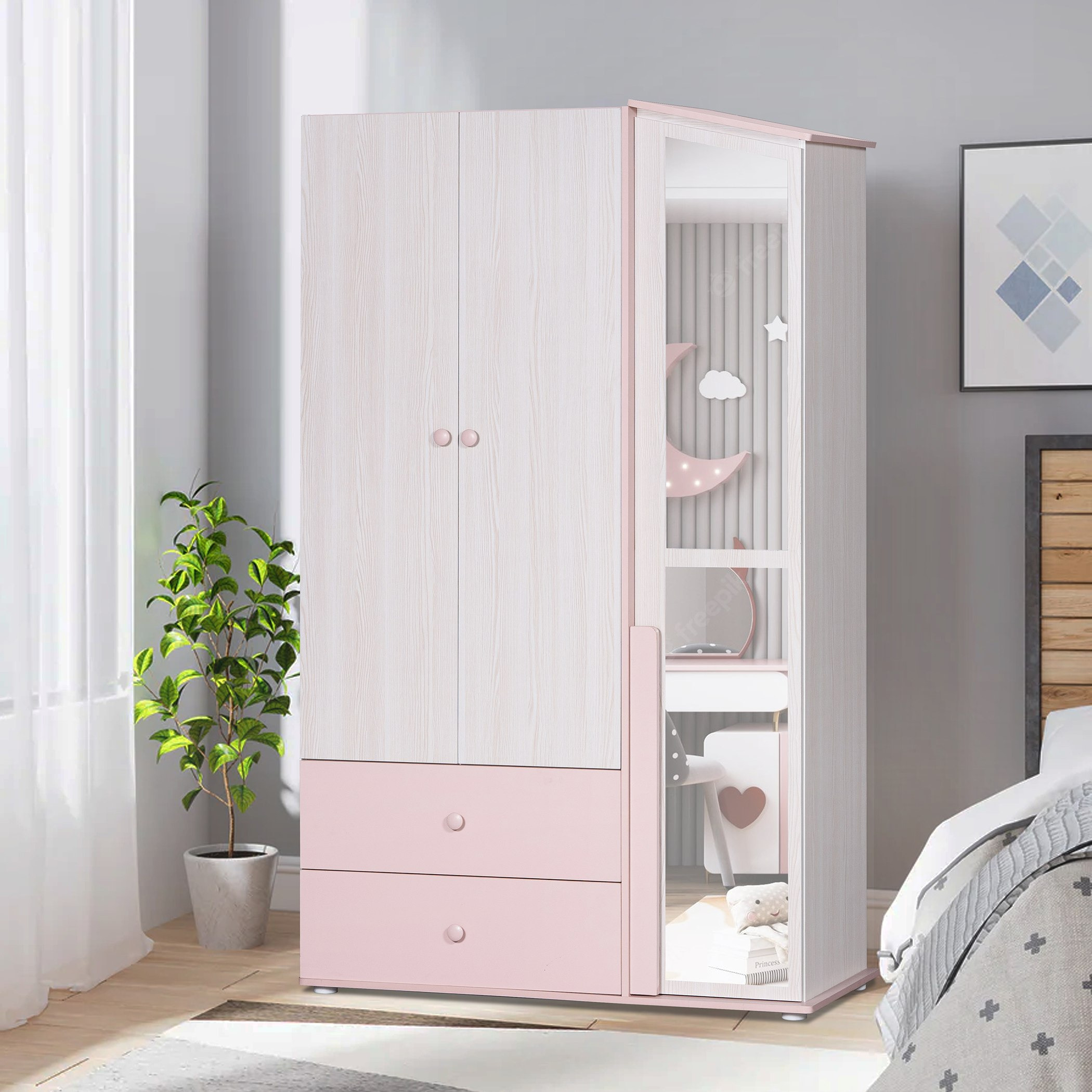 Anna 3-Door and 2-Drawers Wardrobe with Mirror