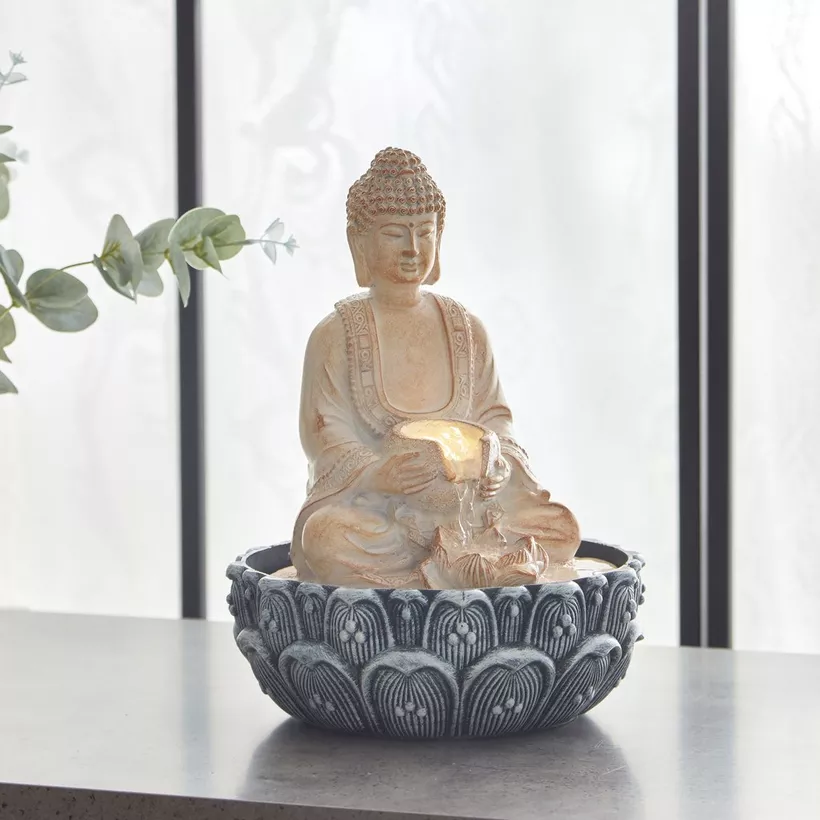 Albane Buddha Fountain with Yellow Lights - 20x20x26 cm - Image 3