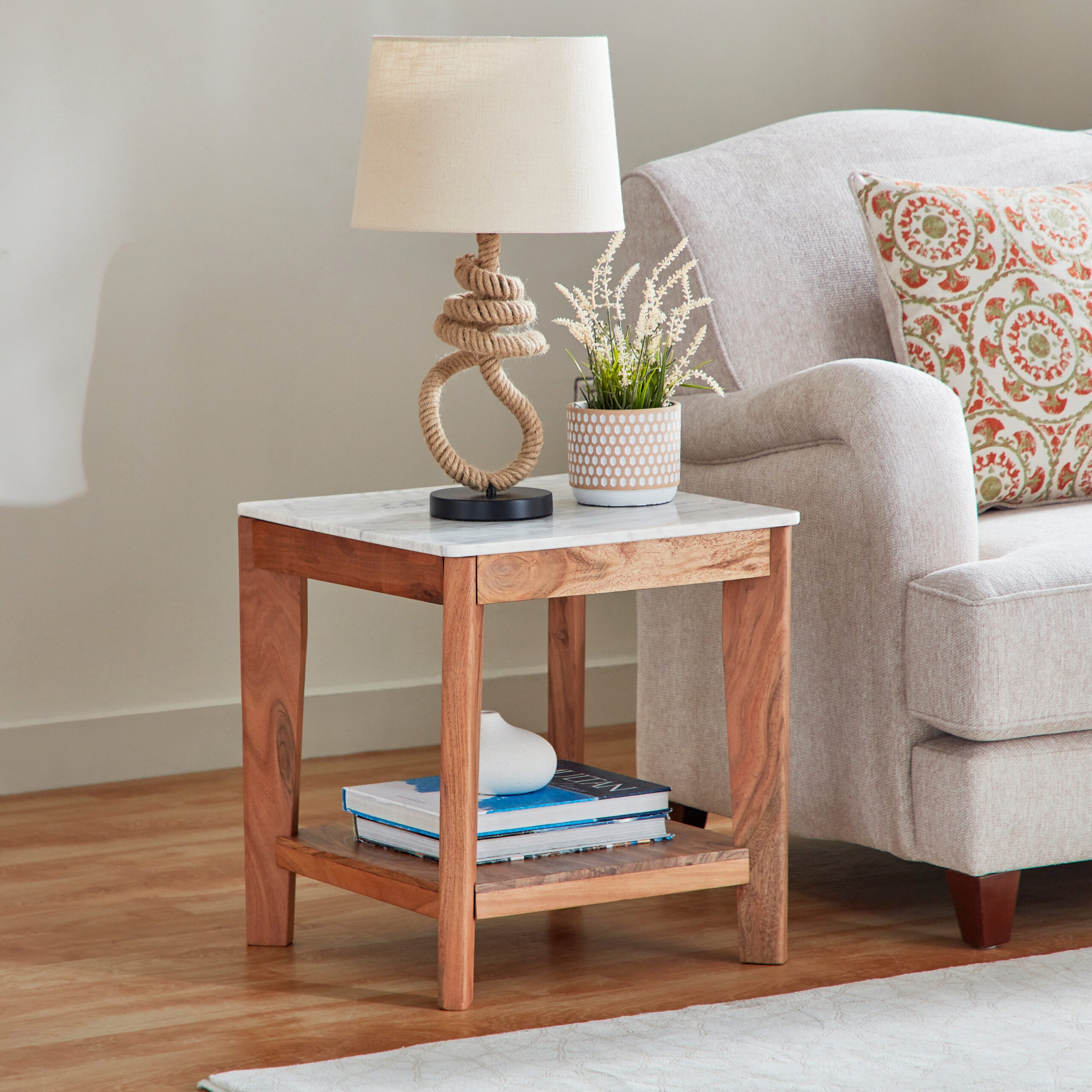 Cavon Midtown Genuine Marble Top End Table with Solid Wood Base