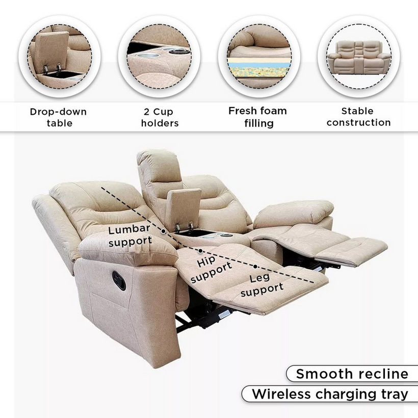 London 2-Seater Faux Leather Recliner with Wireless Charger - Image 6