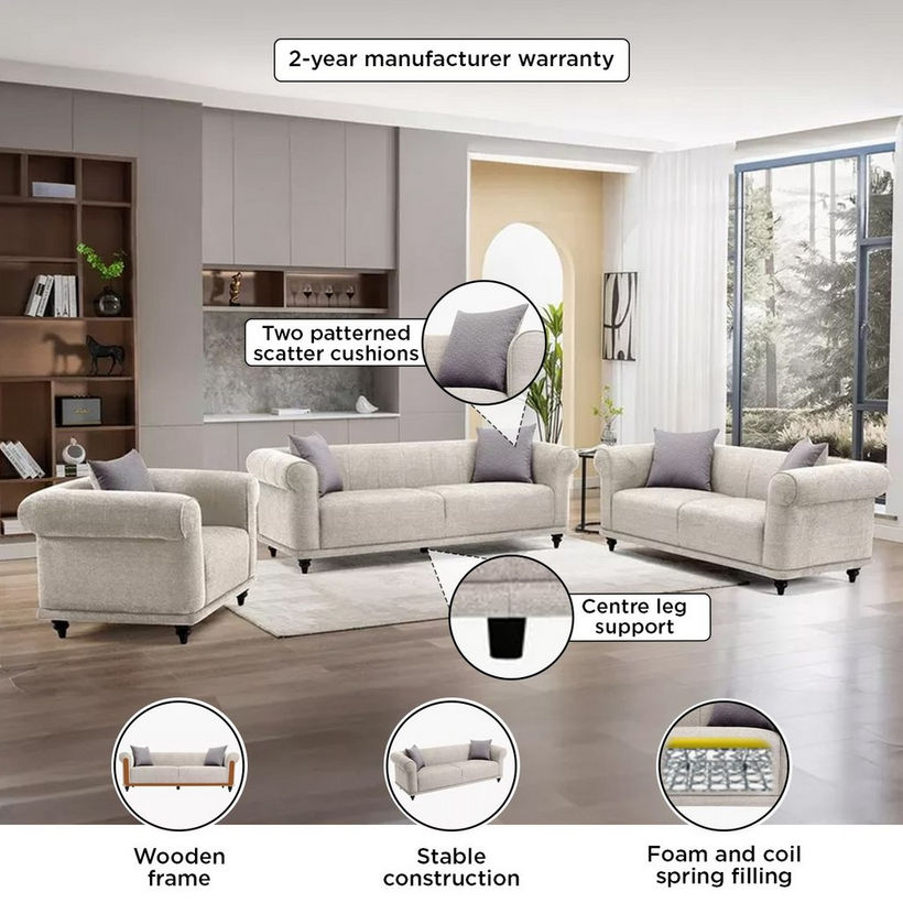 Oshawa 3-Seater Fabric Sofa with 2 Cushions - Image 6