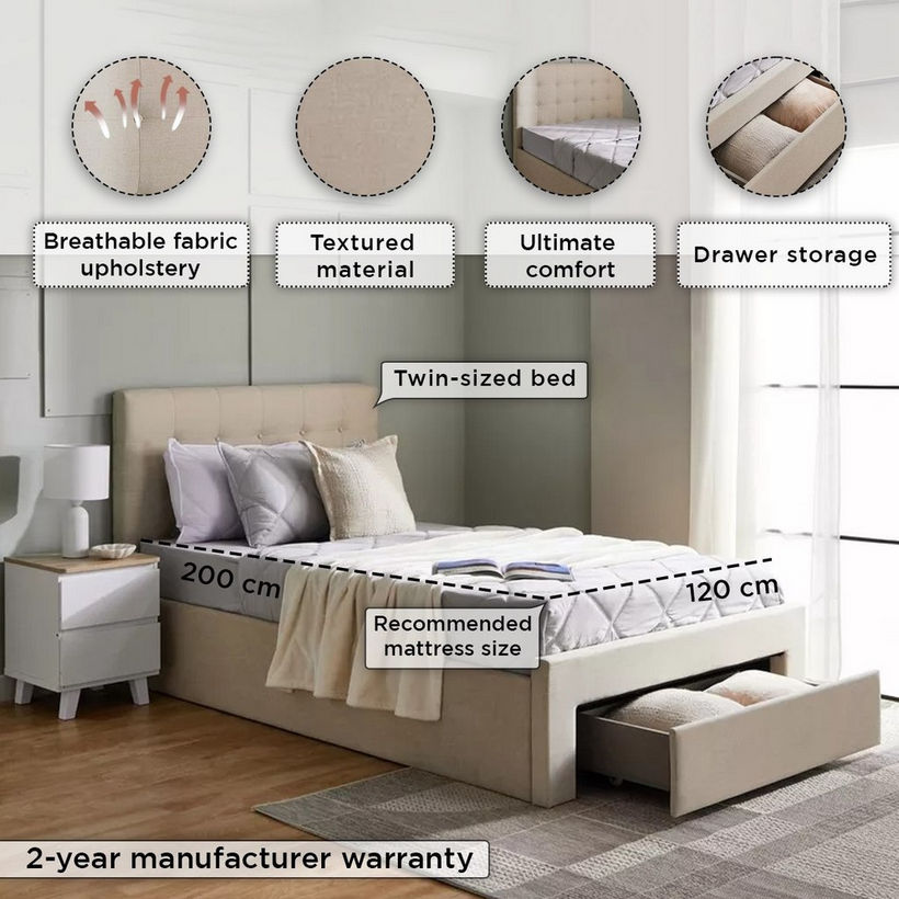 Movo Oakland Neo Upholstered Twin Bed with Drawer - 120x200 cm - Image 6