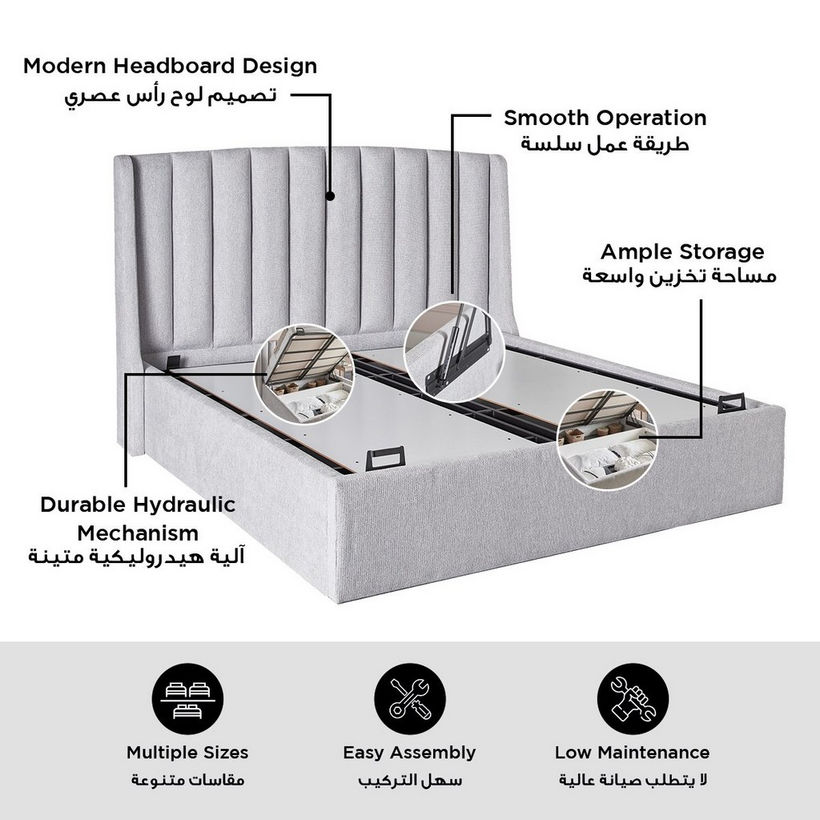 Movo Maine Lewis Hydraulic Storage Upholstered Queen Bed - 160x200 cm - Image 11