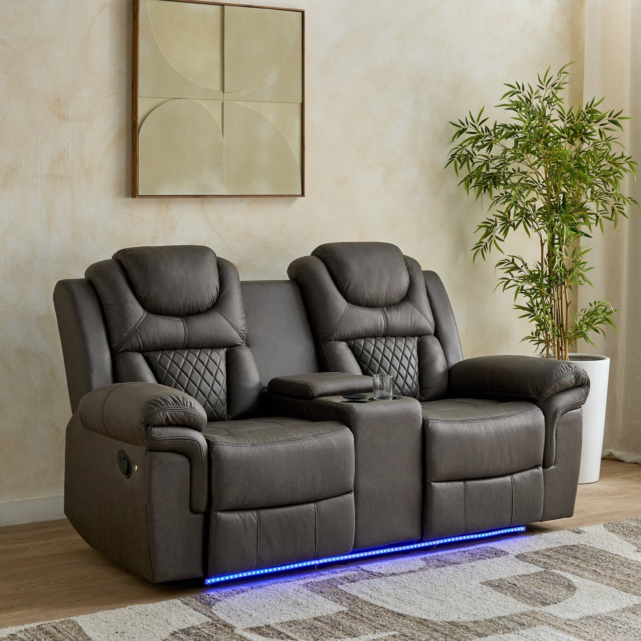Miranda 2-Seater LED Strip Fabric Recliner with Console and Wireless Charging