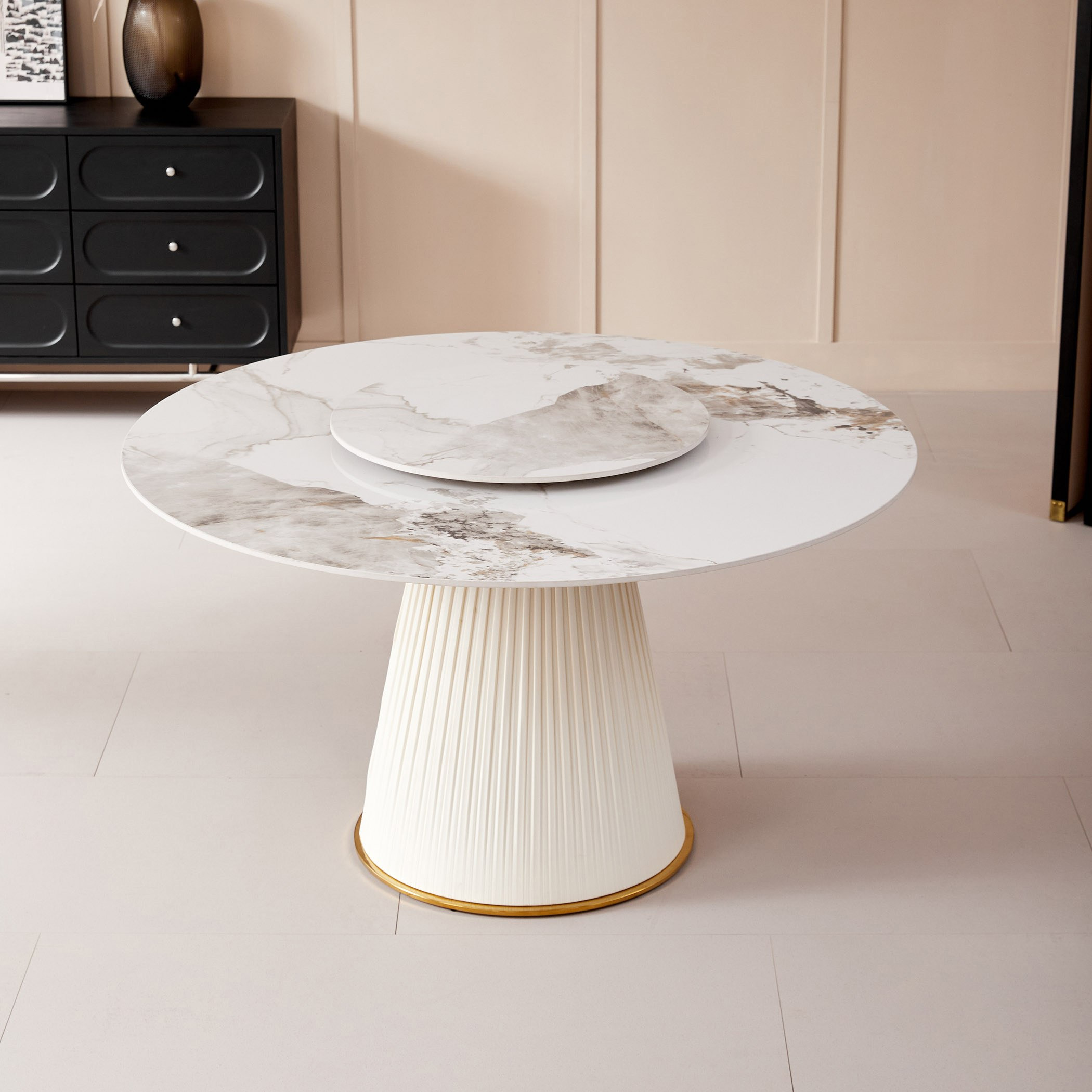 Carmella 6-Seater Round Sintered Stone Dining Table with Lazy Susan