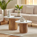 Cavon Fluted NXT 2-Piece Genuine Marble Top Round Coffee Table with Solid Wood Base