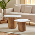 Cavon Fluted NXT 2-Piece Genuine Marble Top Round Coffee Table with Solid Wood Base