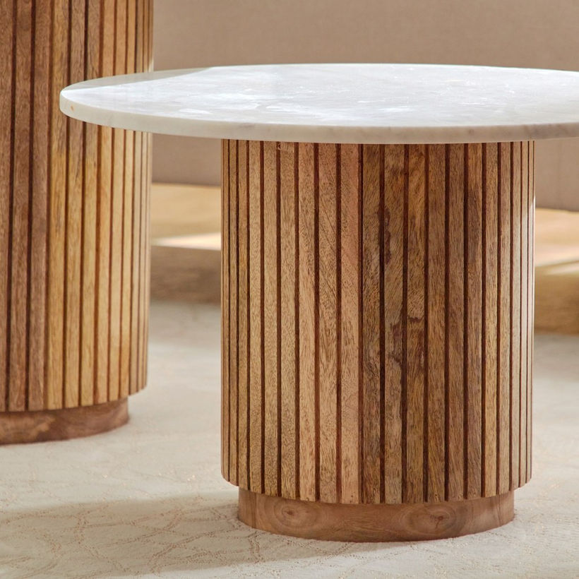 Cavon Fluted NXT 2-Piece Genuine Marble Top Round Coffee Table with Solid Wood Base - Image 6