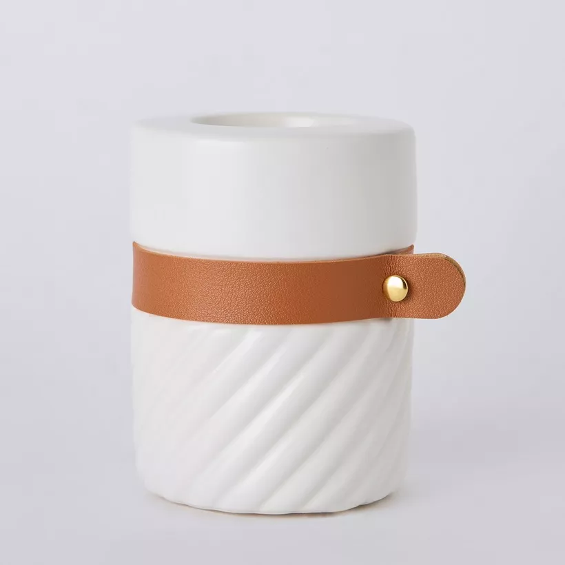 Tilden Half Ribbed Ceramic Candleholder with PU Band - 8.5x8.5x11 cm - Image 2