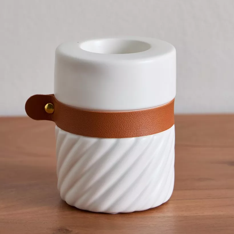 Tilden Half Ribbed Ceramic Candleholder with PU Band - 8.5x8.5x11 cm - Image 3