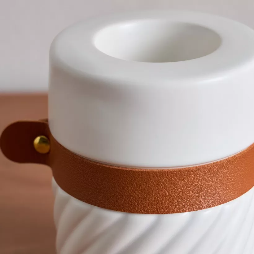 Tilden Half Ribbed Ceramic Candleholder with PU Band - 8.5x8.5x11 cm - Image 4